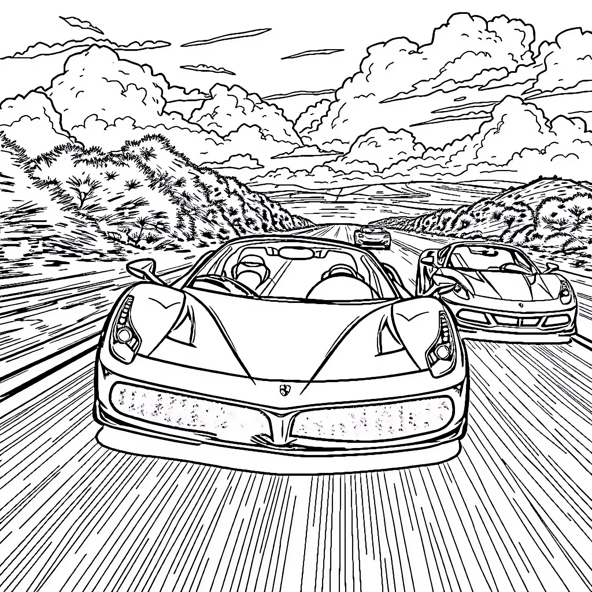 Ferrari Supercars Speeding Through Scenic Landscape Coloring Page (free black-and-white line drawing printable PDF for all, from beginners to advanced learners, including children, teens, adults, and seniors)