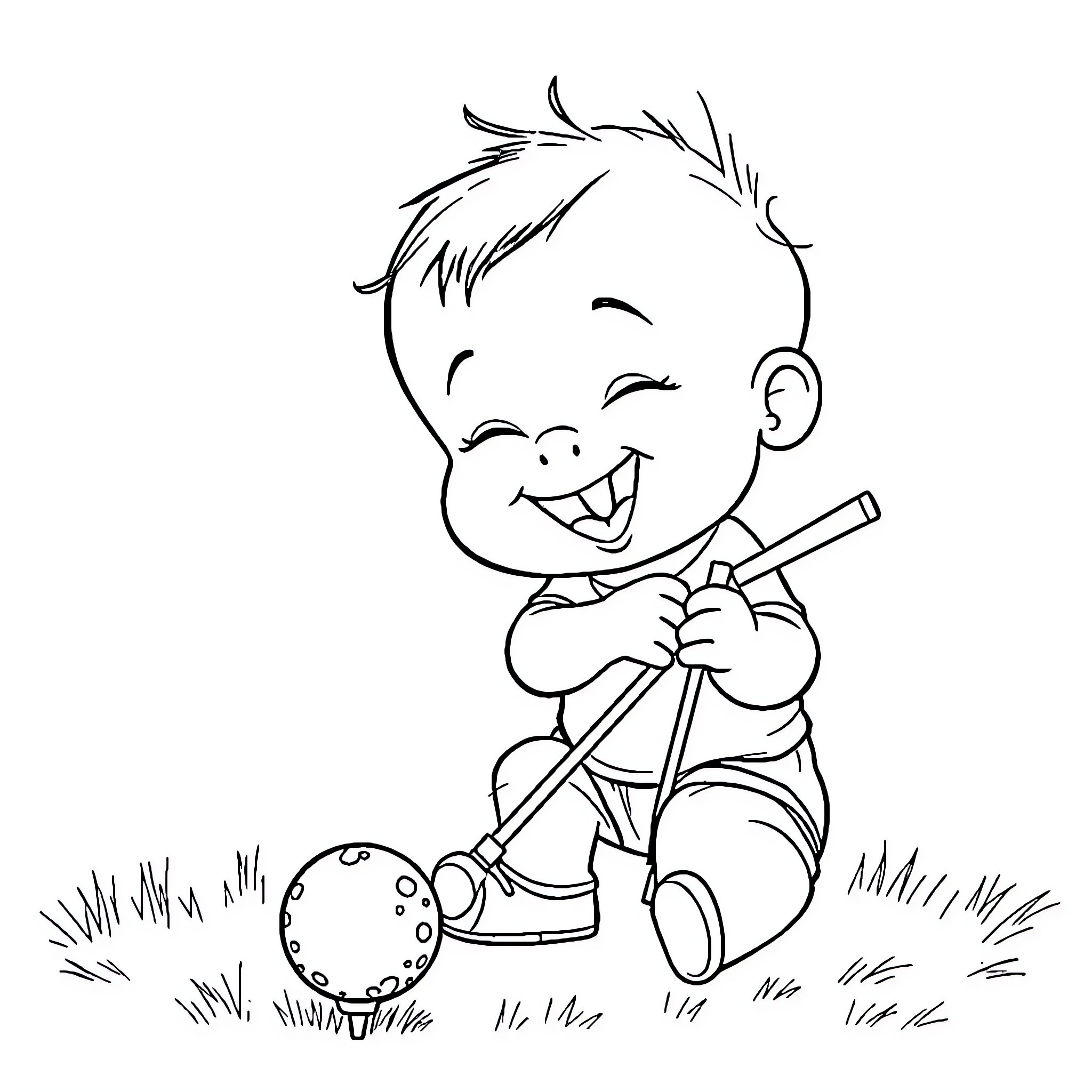 Baby boy happily playing with toy ball Coloring Page (free black-and-white line drawing printable PDF for all, from beginners to advanced learners, including children, teens, adults, and seniors)