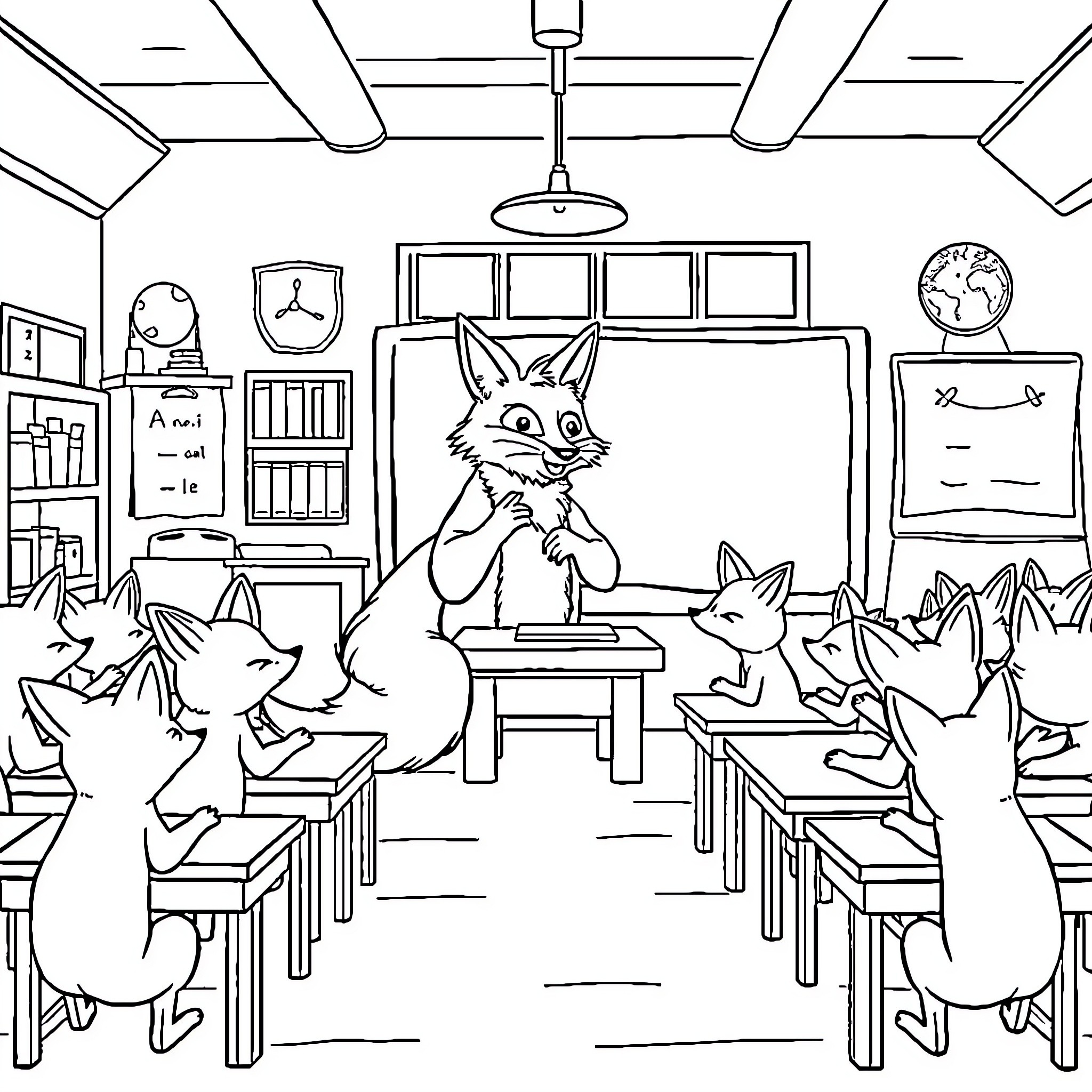 Fox Teaches Mischievous Students in Classroom Coloring Page (free black-and-white line drawing printable PDF for all, from beginners to advanced learners, including children, teens, adults, and seniors)
