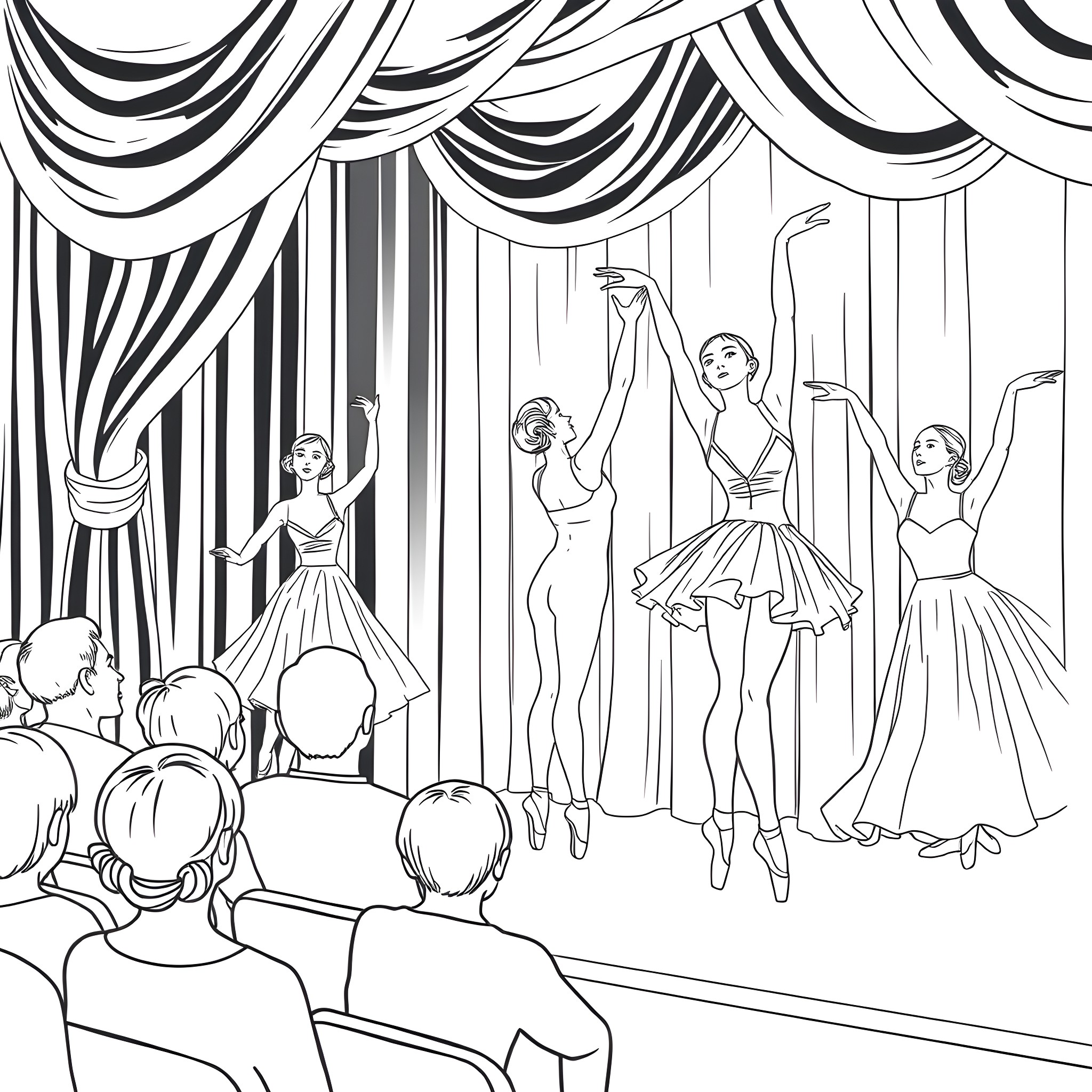 Ballet Dancers Performing on Stage Coloring Page (free black-and-white line drawing printable PDF for all, from beginners to advanced learners, including children, teens, adults, and seniors)