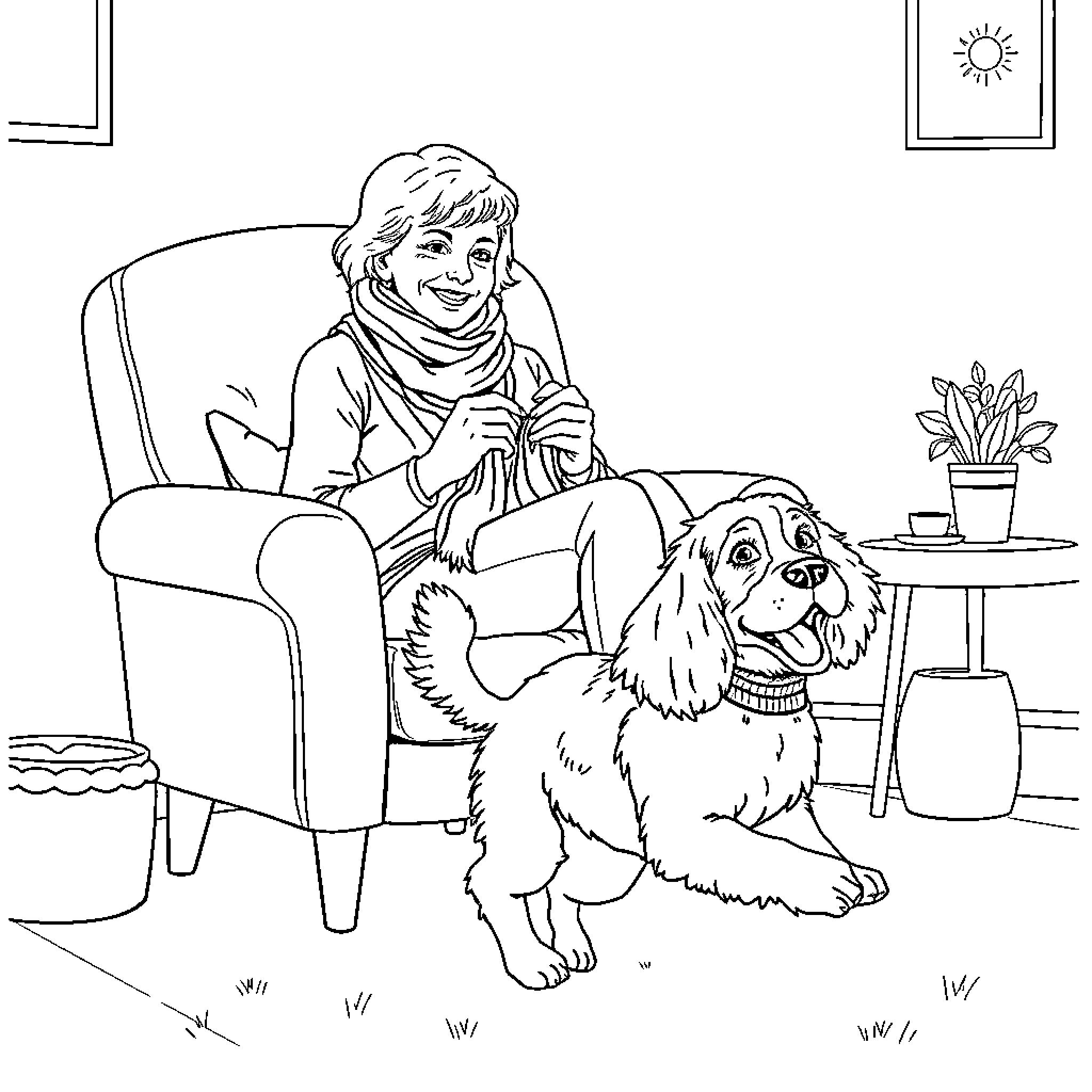 Woman relaxing with her pet dog in cozy home Coloring Page (free black-and-white line drawing printable PDF for all, from beginners to advanced learners, including children, teens, adults, and seniors)