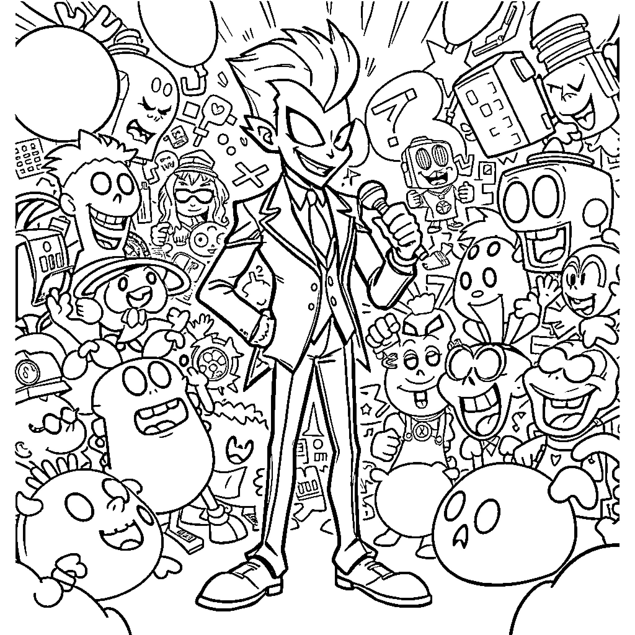 Vox Doodle Chaos: Expressions, Outfits, and Animated Scenes Coloring Page (free black-and-white line drawing printable PDF for all, from beginners to advanced learners, including children, teens, adults, and seniors)