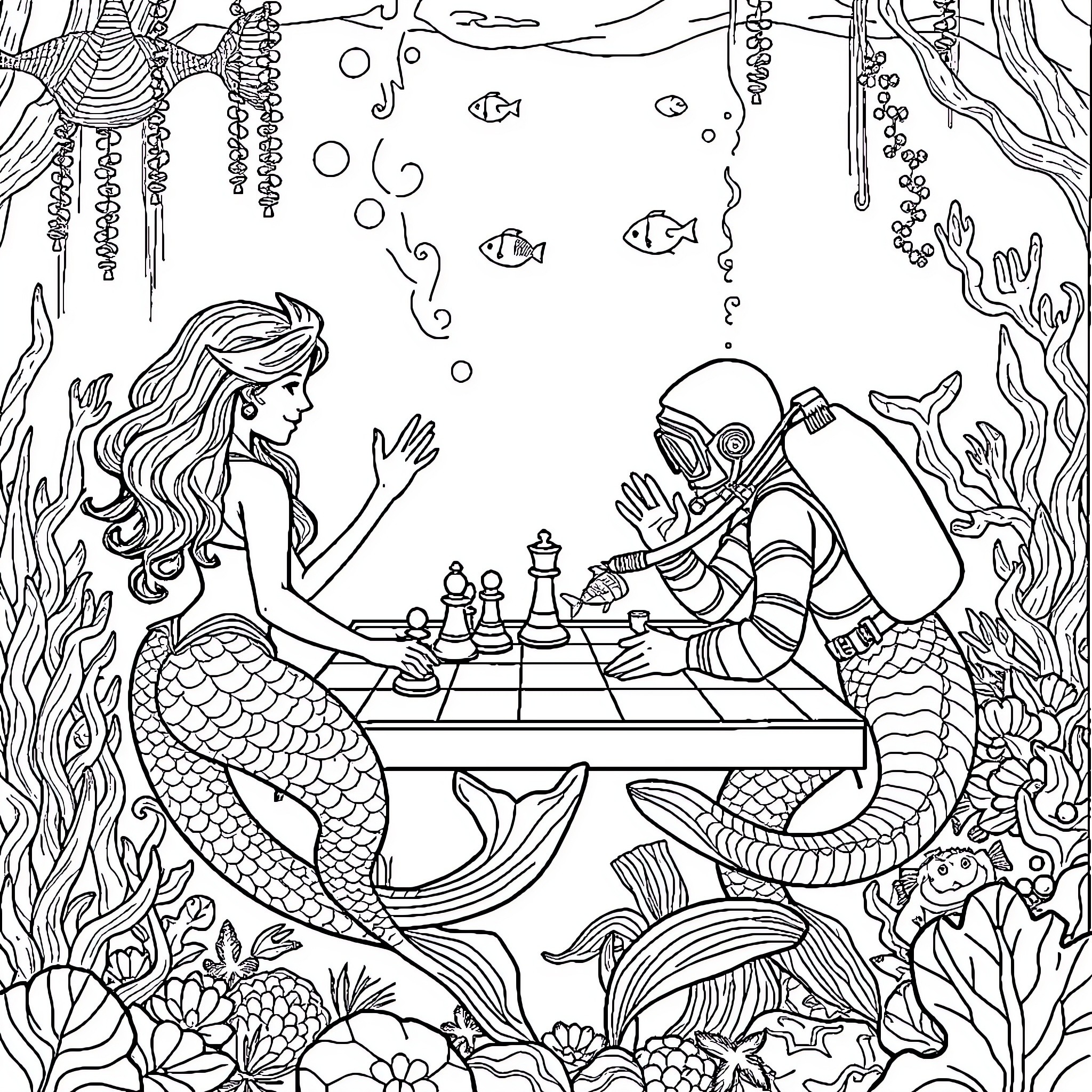 Mermaid and merman playing chess underwater Coloring Page (free black-and-white line drawing printable PDF for all, from beginners to advanced learners, including children, teens, adults, and seniors)