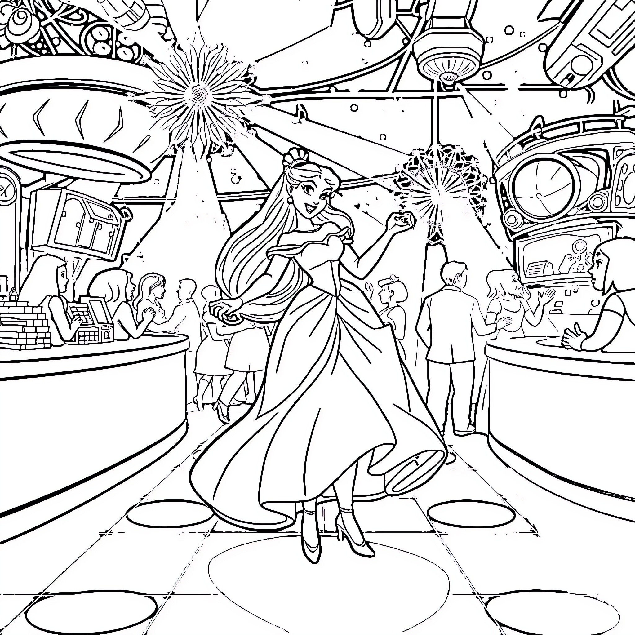 Disney Princess Enjoying Magical Celebration with Fireworks Coloring Page (free black-and-white line drawing printable PDF for all, from beginners to advanced learners, including children, teens, adults, and seniors)