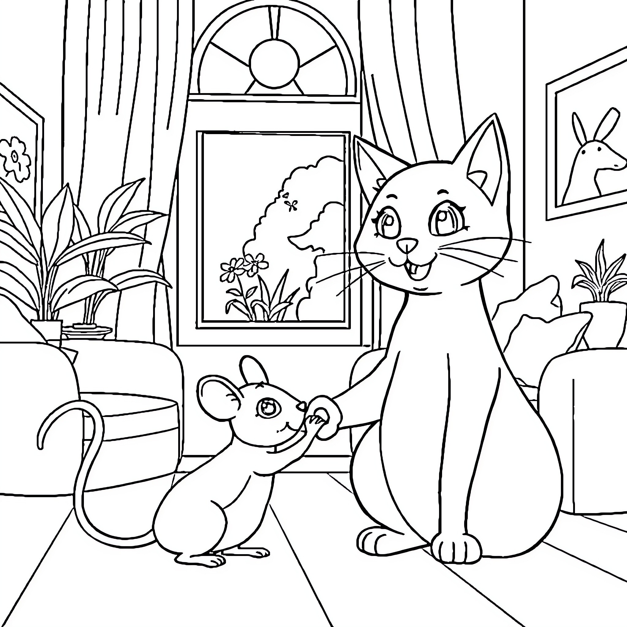 Cat and Mouse Explore Cozy Room Coloring Page (free black-and-white line drawing printable PDF for all, from beginners to advanced learners, including children, teens, adults, and seniors)