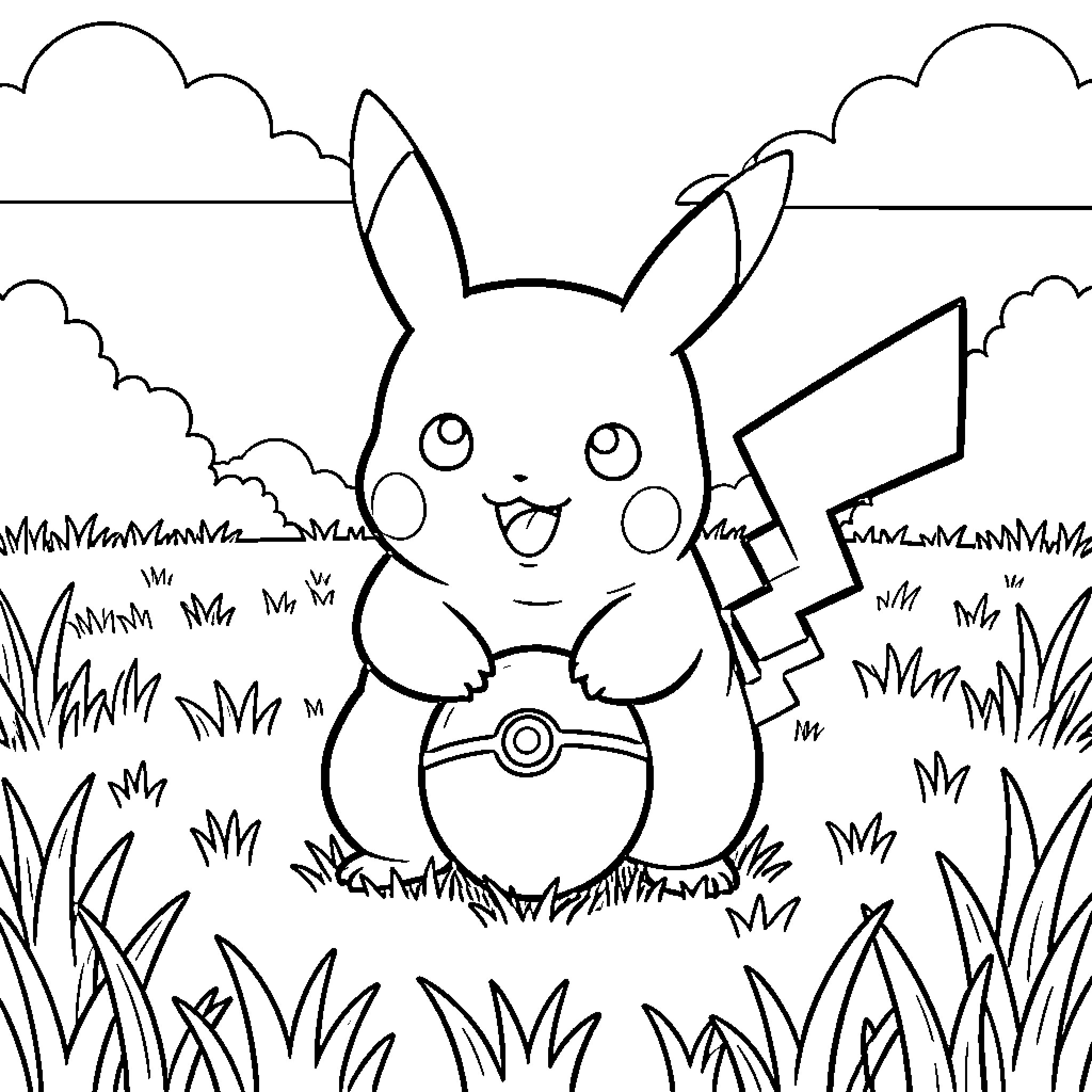 Pikachu holding a Poke Ball with a happy expression Coloring Page (free black-and-white line drawing printable PDF for all, from beginners to advanced learners, including children, teens, adults, and seniors)