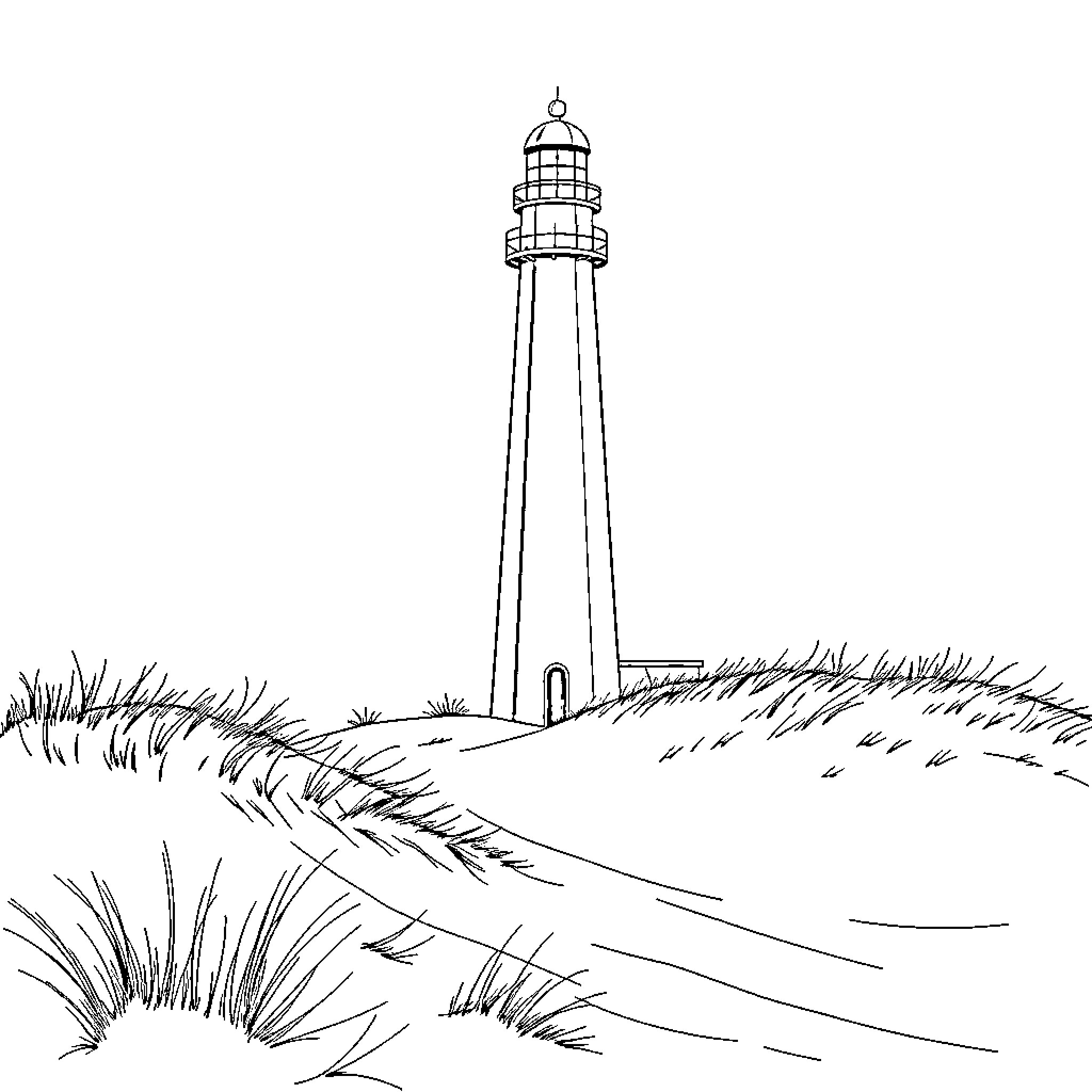 Lighthouse at the top of a grassy hill Coloring Page (free black-and-white line drawing printable PDF for all, from beginners to advanced learners, including children, teens, adults, and seniors)