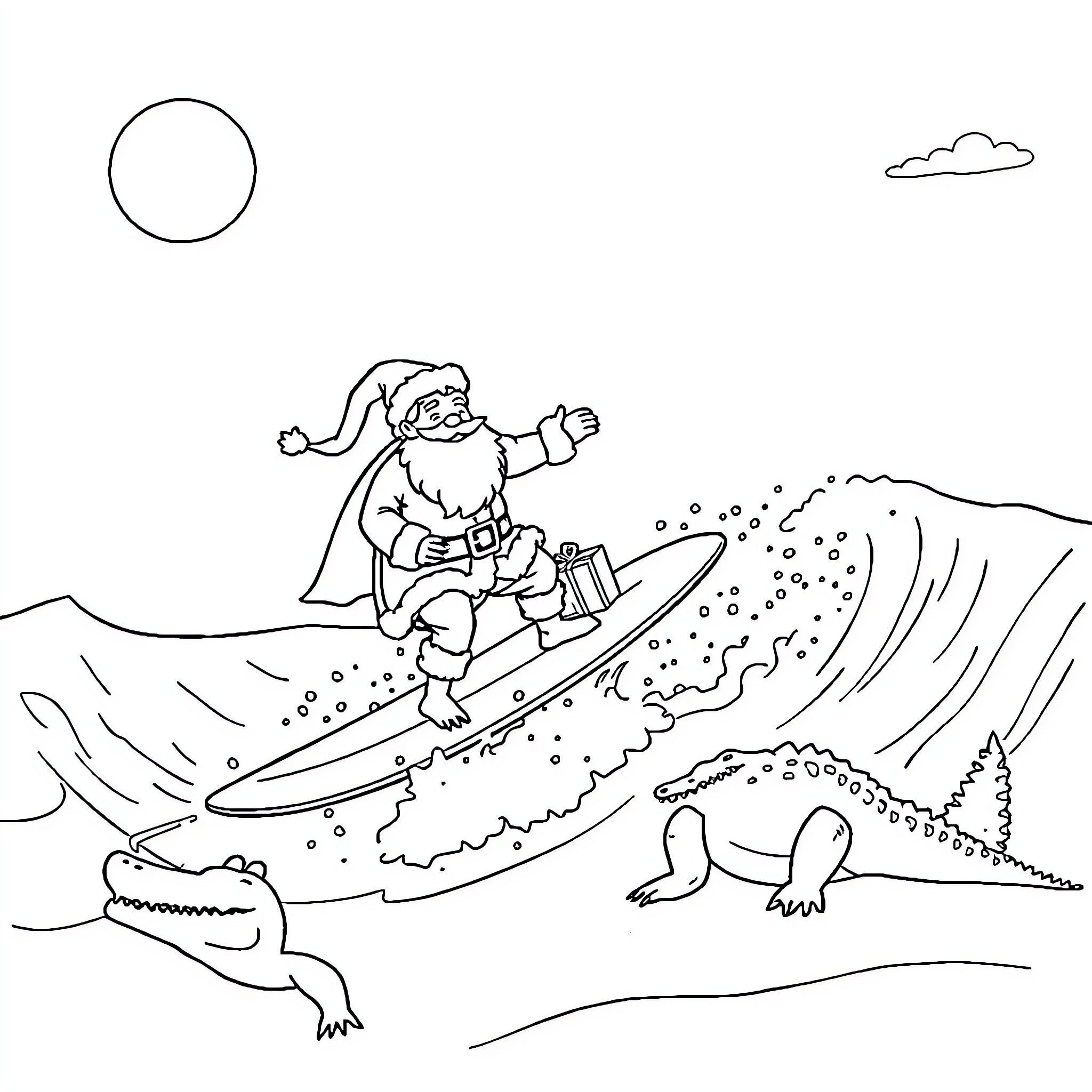 Père Noël surfing on waves with a crocodile Coloring Page (free black-and-white line drawing printable PDF for all, from beginners to advanced learners, including children, teens, adults, and seniors)