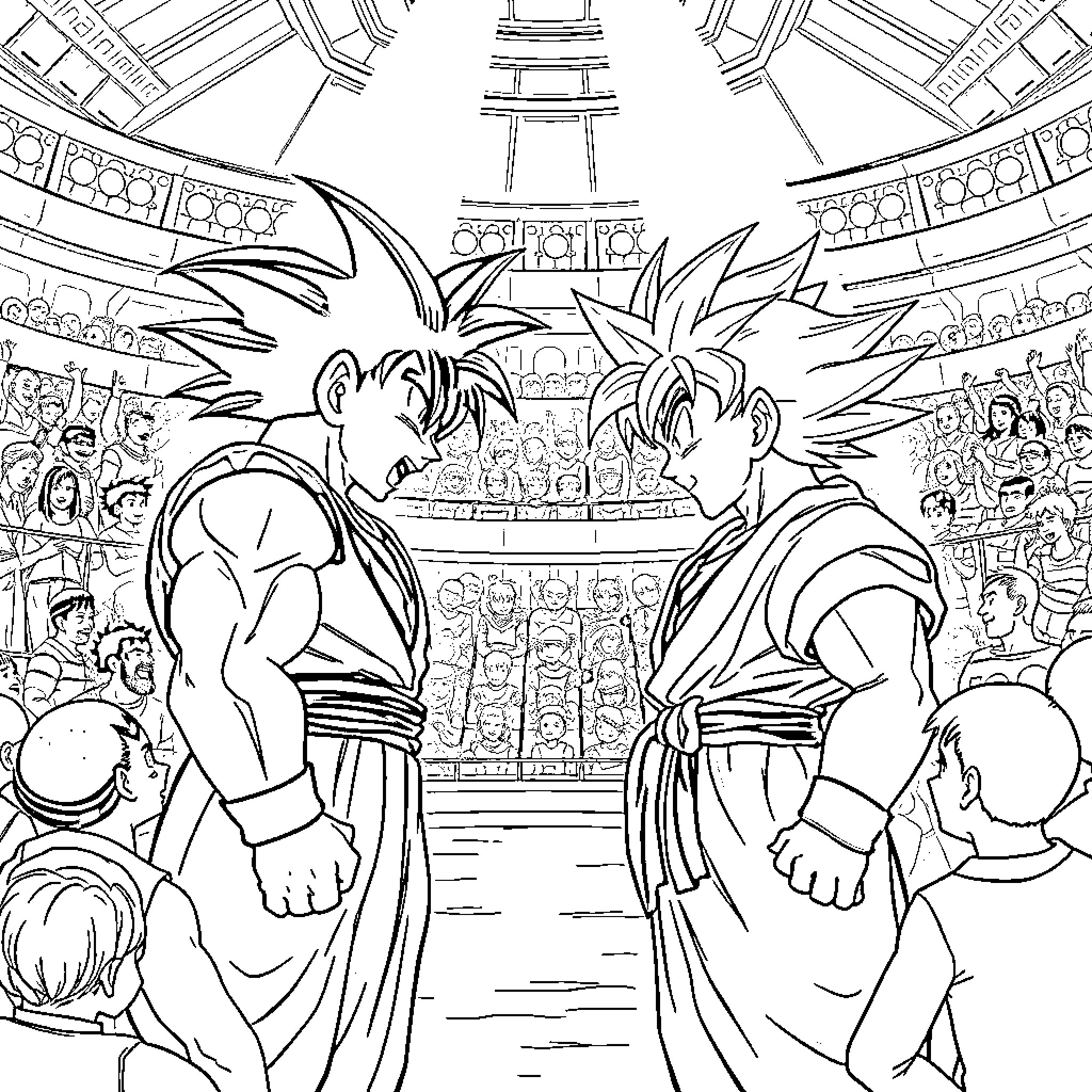 Piccolo characters in dramatic combat scene Coloring Page (free black-and-white line drawing printable PDF for all, from beginners to advanced learners, including children, teens, adults, and seniors)