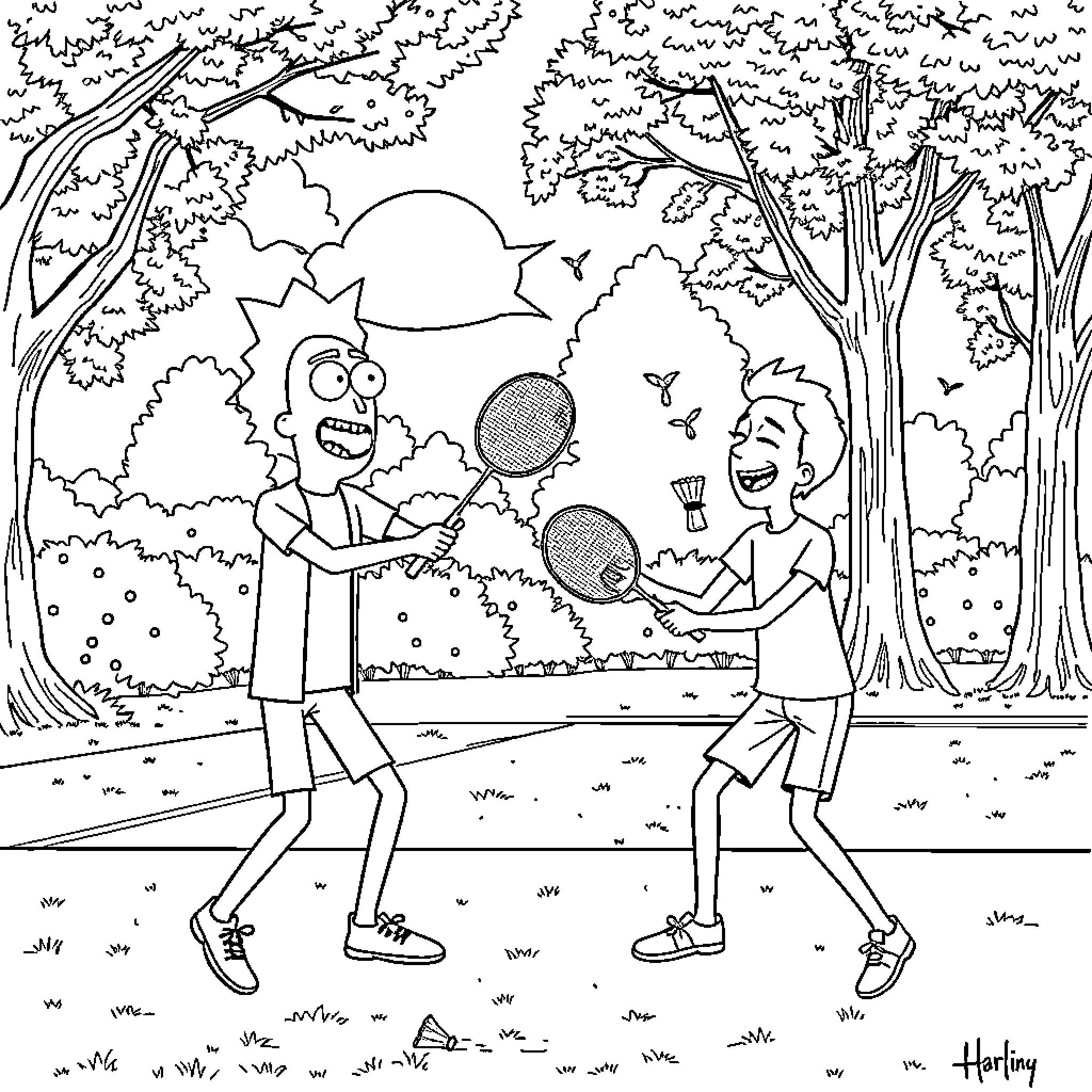 Rick And Morty Playing Badminton in the Park Coloring Page (free black-and-white line drawing printable PDF for all, from beginners to advanced learners, including children, teens, adults, and seniors)