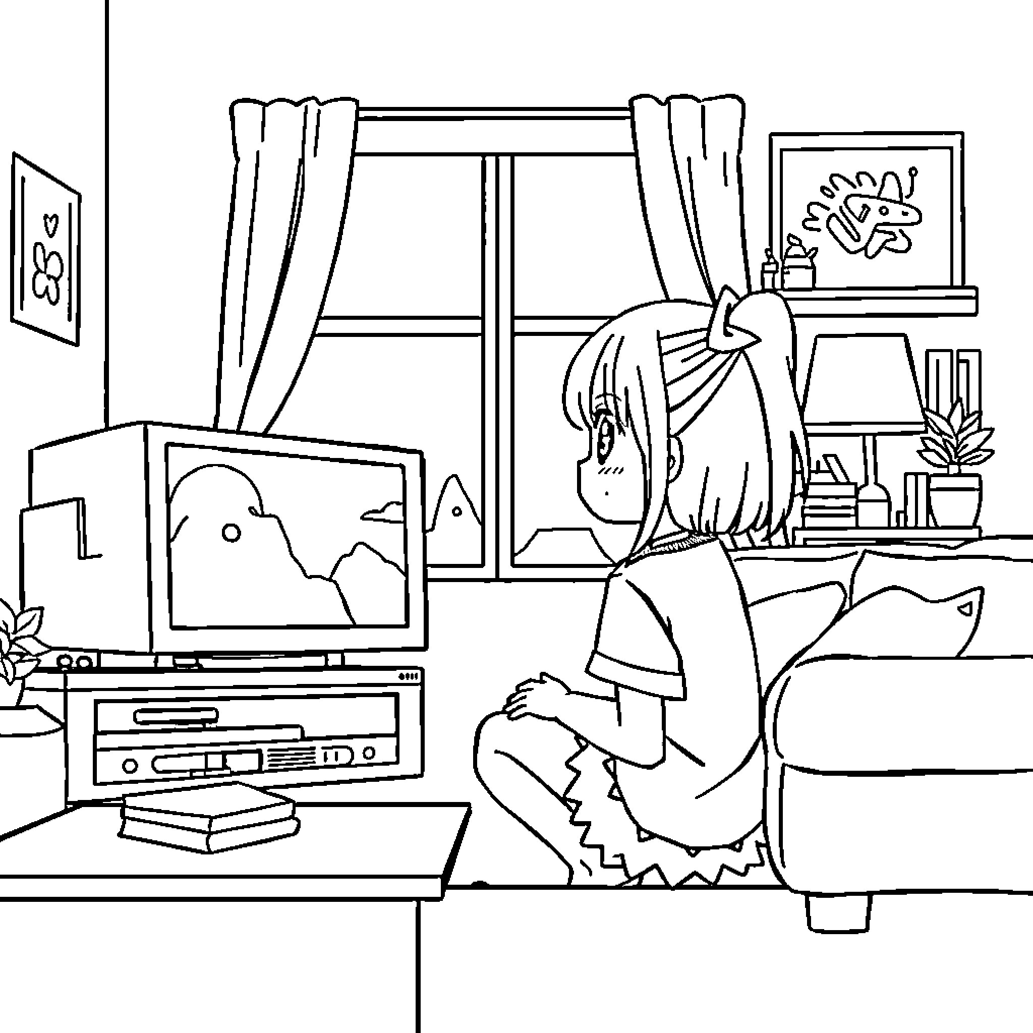 Girl enjoying entertainment in her bedroom Coloring Page (free black-and-white line drawing printable PDF for all, from beginners to advanced learners, including children, teens, adults, and seniors)