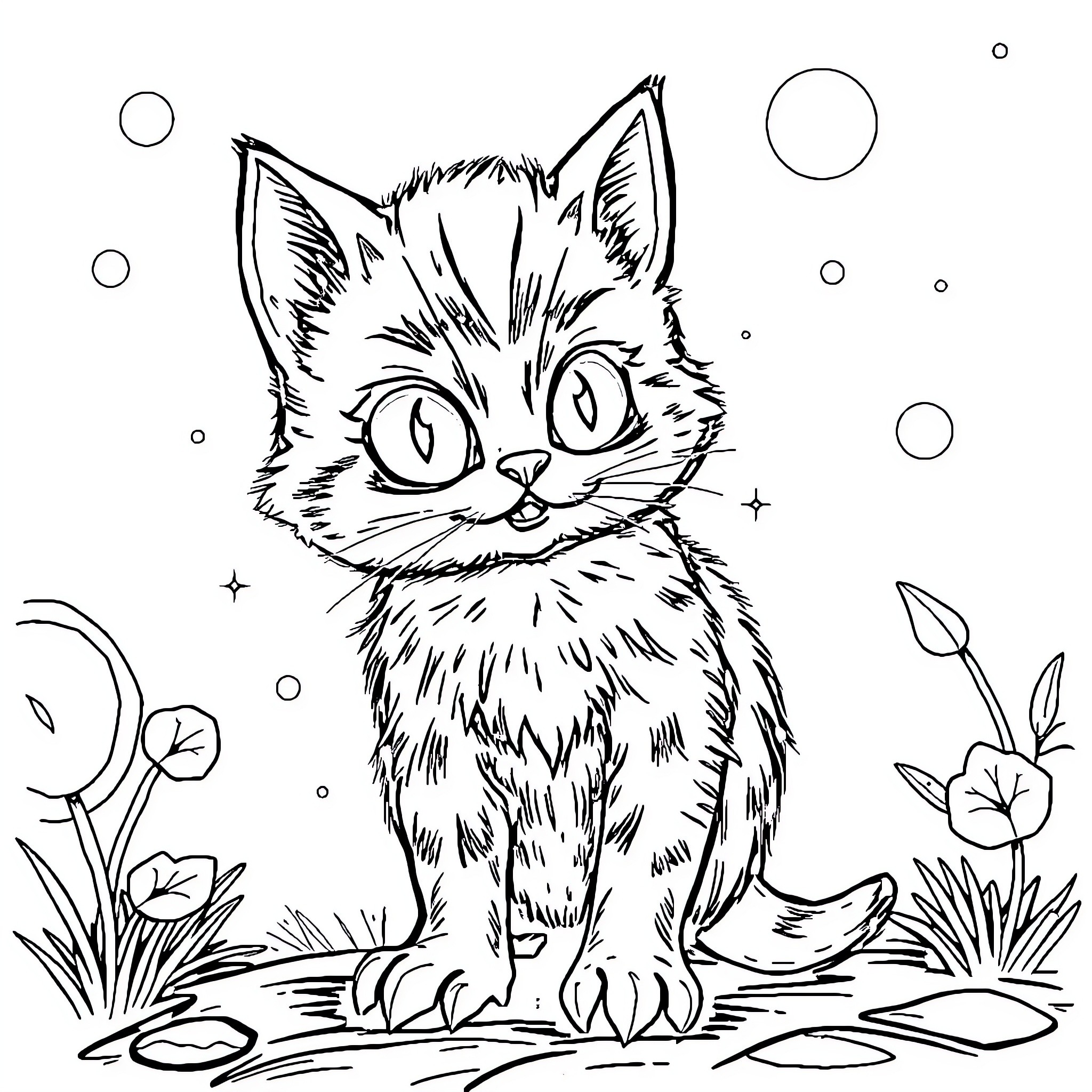 Chaton's Curious Exploration in Nature Coloring Page (free black-and-white line drawing printable PDF for all, from beginners to advanced learners, including children, teens, adults, and seniors)