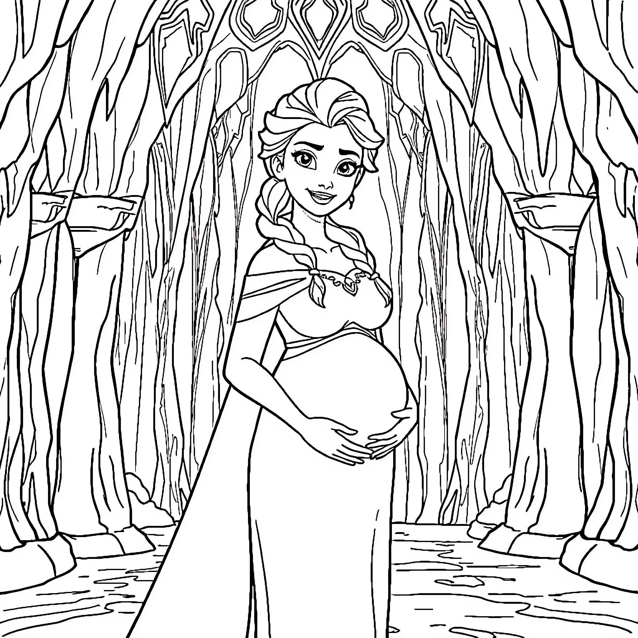 Princess in a magical forest setting Coloring Page (free black-and-white line drawing printable PDF for all, from beginners to advanced learners, including children, teens, adults, and seniors)