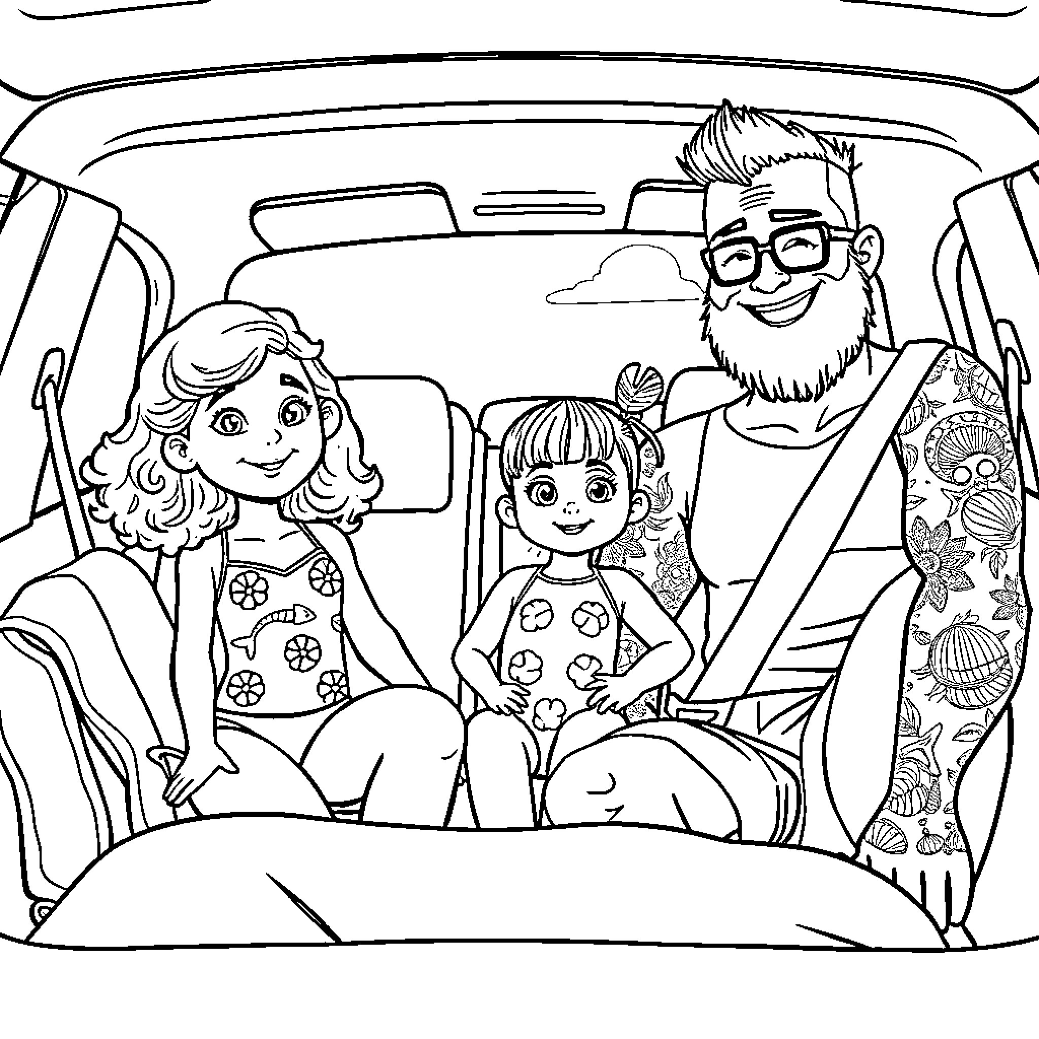 Family enjoying a road trip together Coloring Page (free black-and-white line drawing printable PDF for all, from beginners to advanced learners, including children, teens, adults, and seniors)