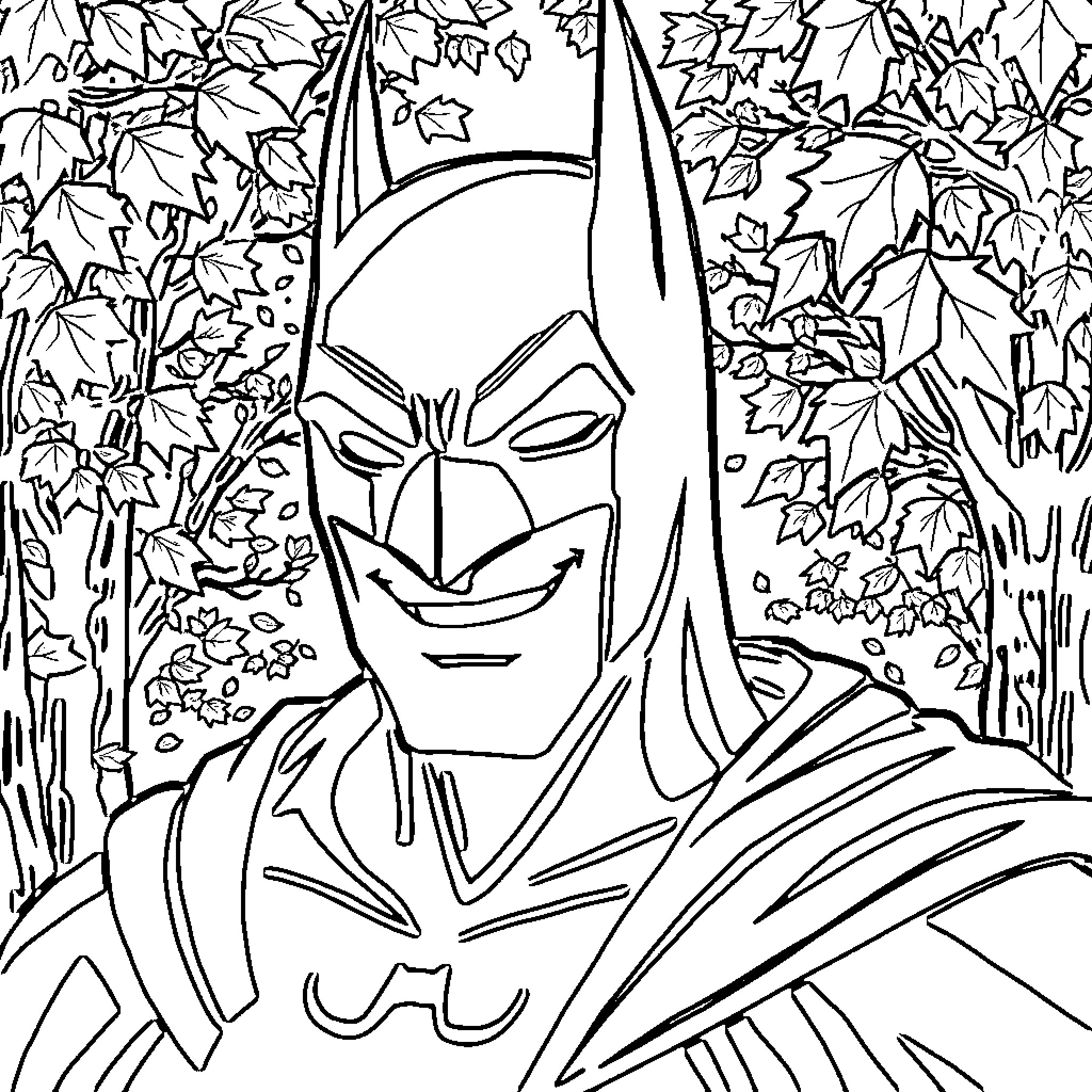 Batman in the forest of foliage Coloring Page (free black-and-white line drawing printable PDF for all, from beginners to advanced learners, including children, teens, adults, and seniors)