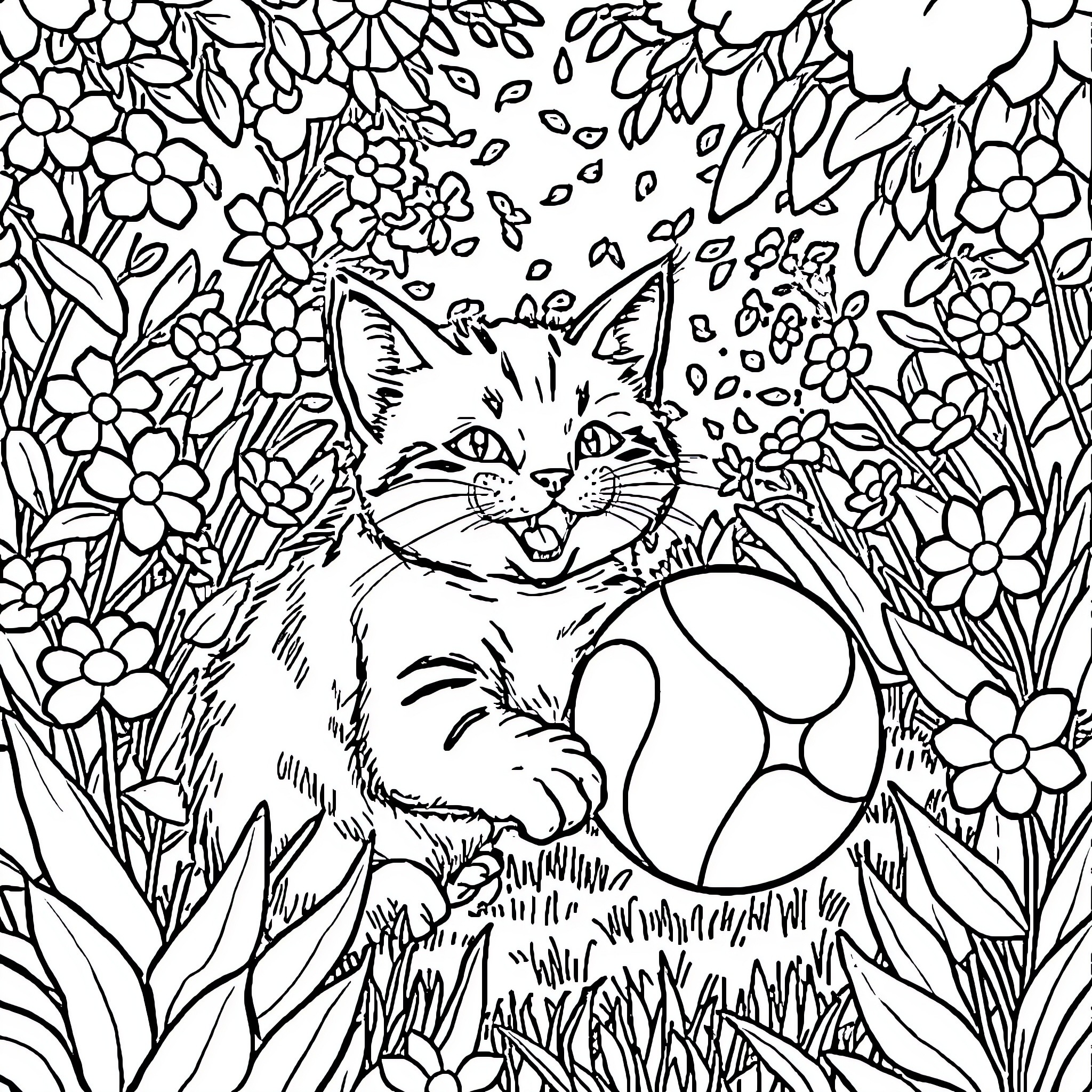 Cat playing joyfully in a floral garden Coloring Page (free black-and-white line drawing printable PDF for all, from beginners to advanced learners, including children, teens, adults, and seniors)