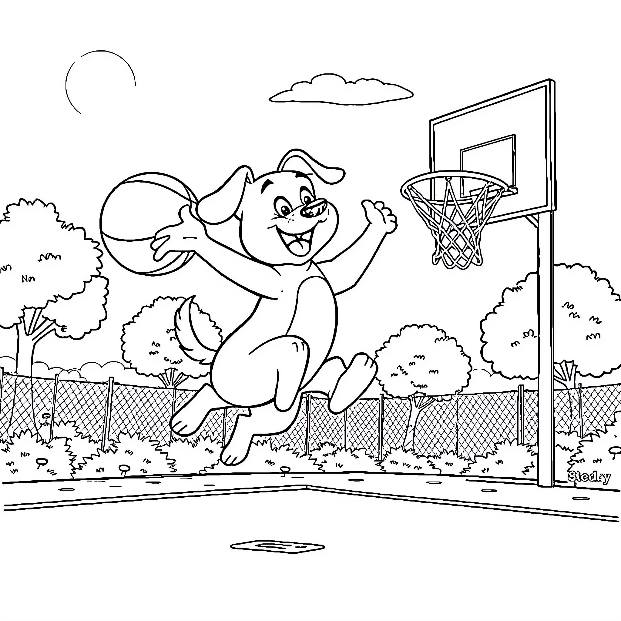 Bluey playing basketball joyfully on the court Coloring Page (free black-and-white line drawing printable PDF for all, from beginners to advanced learners, including children, teens, adults, and seniors)