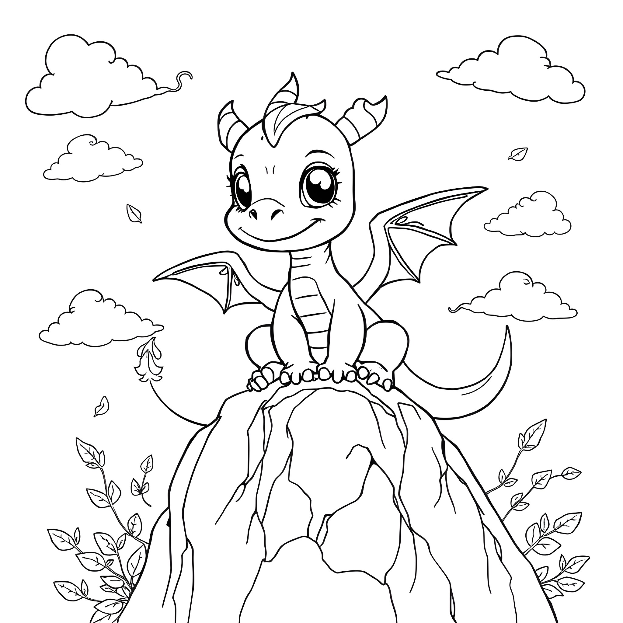Baby Dragon sitting on a rocky mountain Coloring Page (free black-and-white line drawing printable PDF for all, from beginners to advanced learners, including children, teens, adults, and seniors)