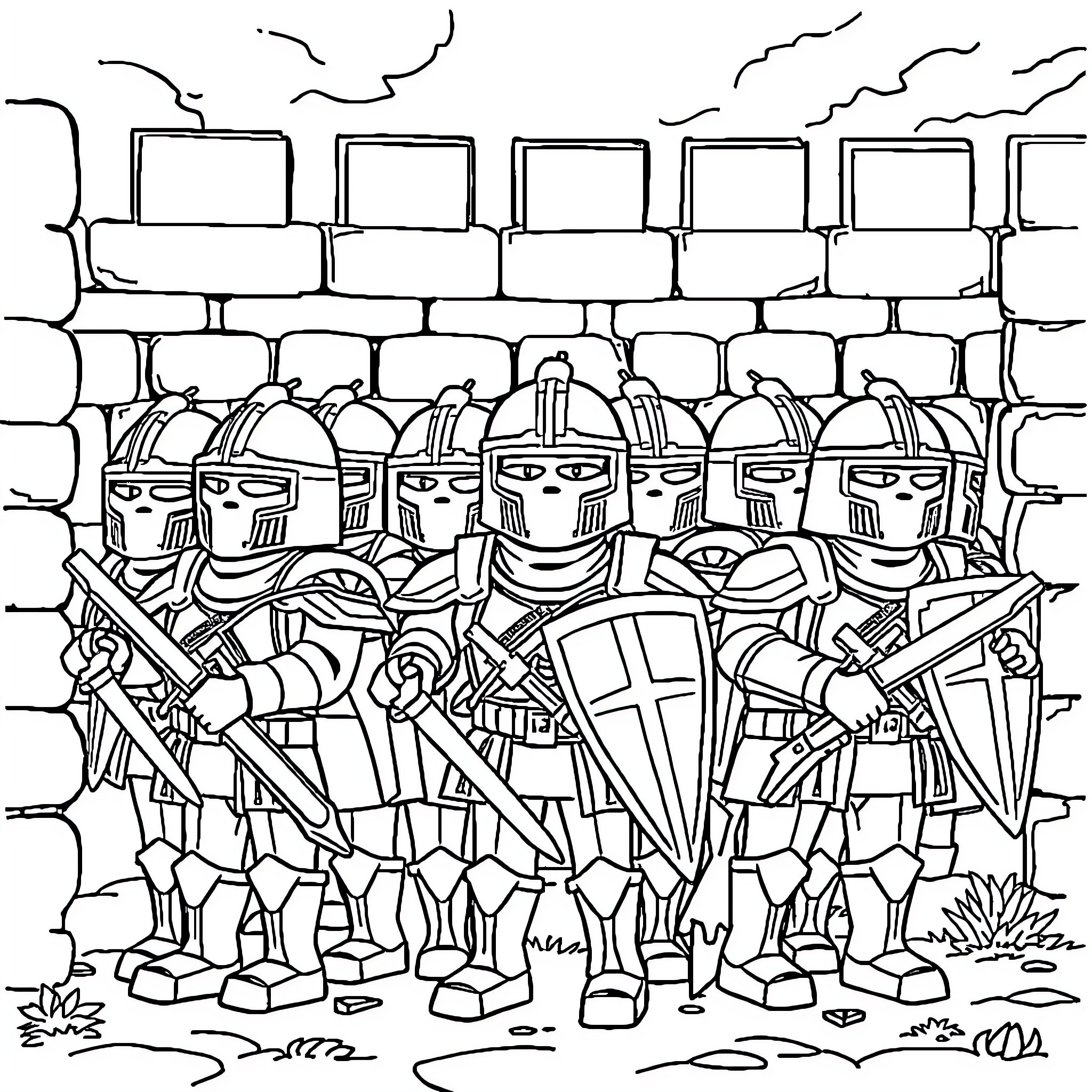 Samurai warriors in battle formation Coloring Page (free black-and-white line drawing printable PDF for all, from beginners to advanced learners, including children, teens, adults, and seniors)