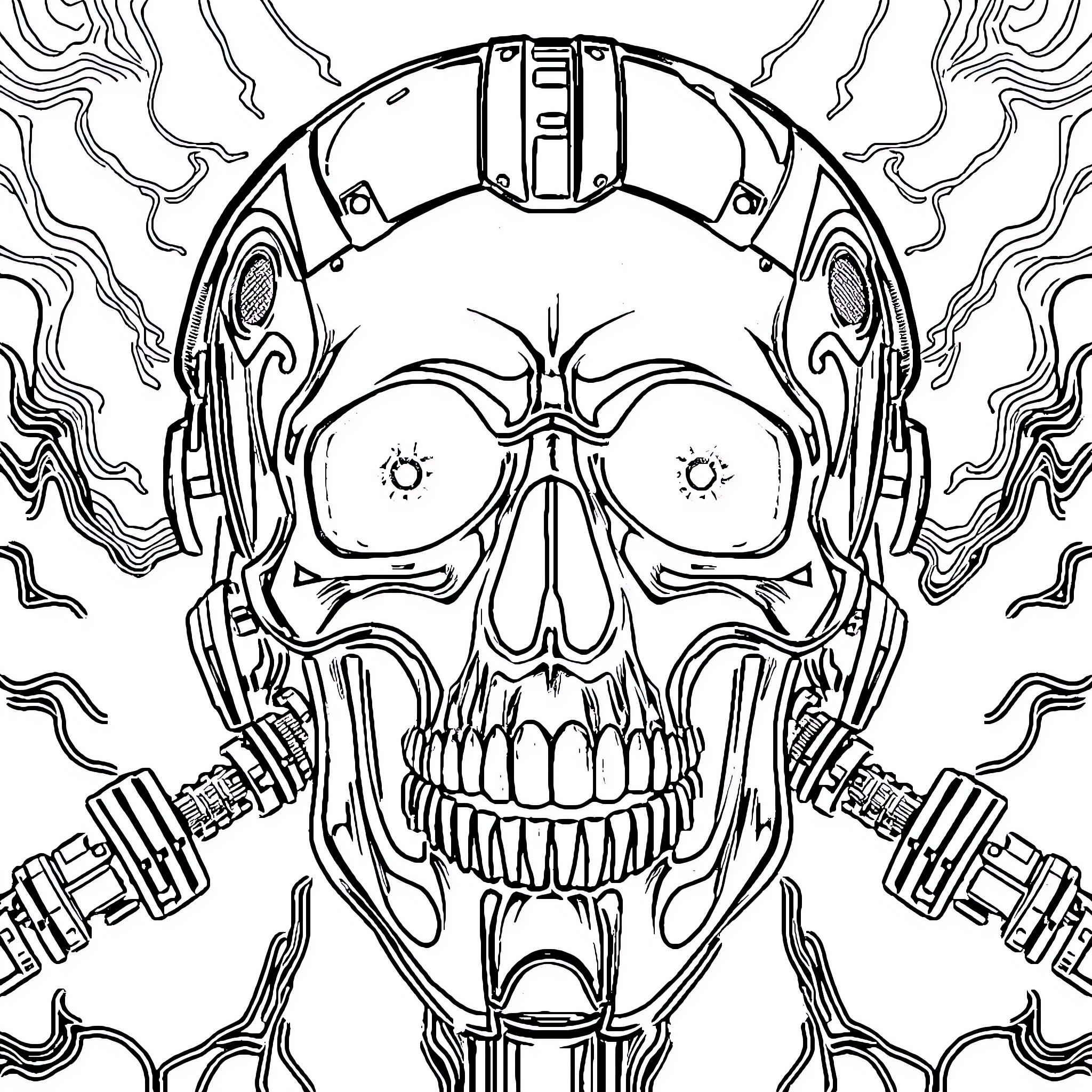 Robotic Skull with Mechanical Features Coloring Page (free black-and-white line drawing printable PDF for all, from beginners to advanced learners, including children, teens, adults, and seniors)