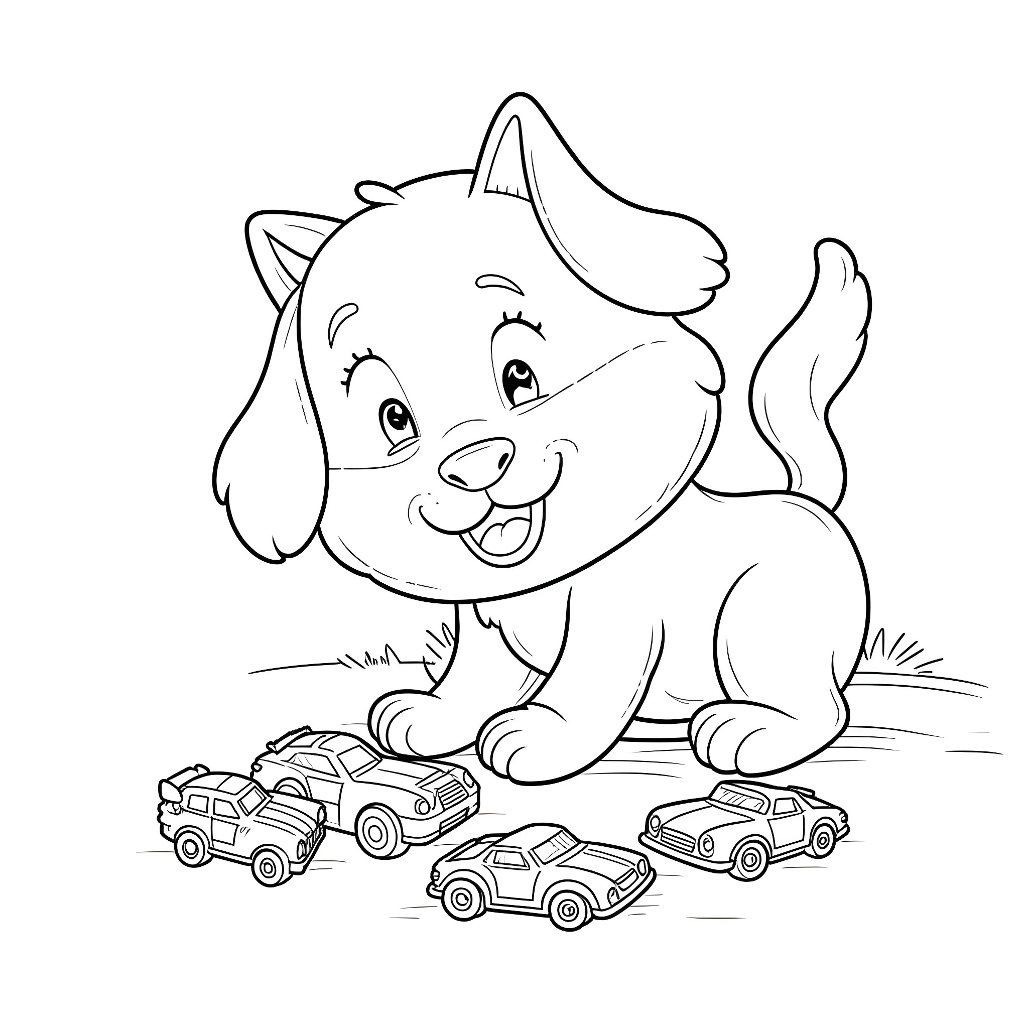 Bluey playing with toy cars happily Coloring Page (free black-and-white line drawing printable PDF for all, from beginners to advanced learners, including children, teens, adults, and seniors)