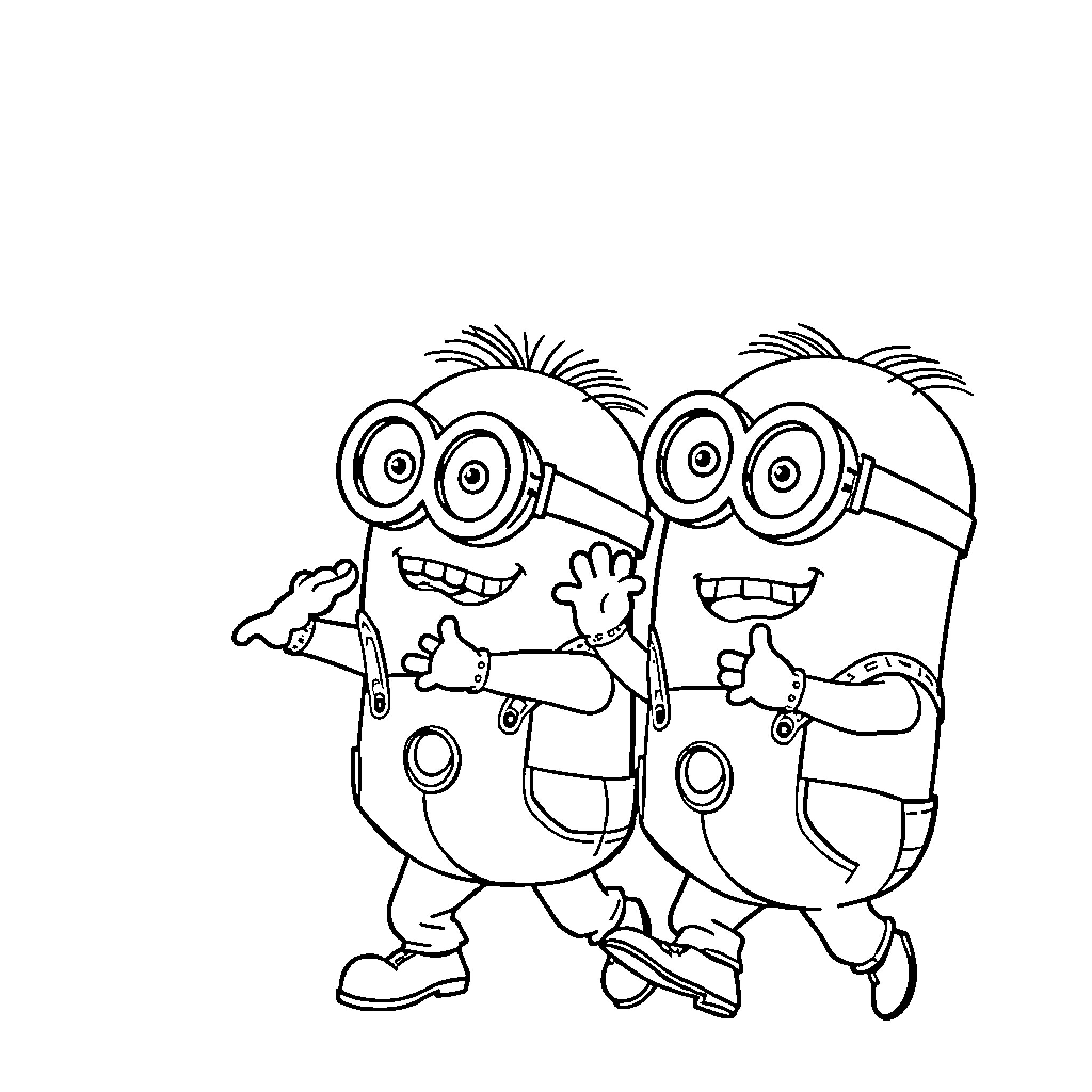 Minions waving and smiling playfully Coloring Page (free black-and-white line drawing printable PDF for all, from beginners to advanced learners, including children, teens, adults, and seniors)