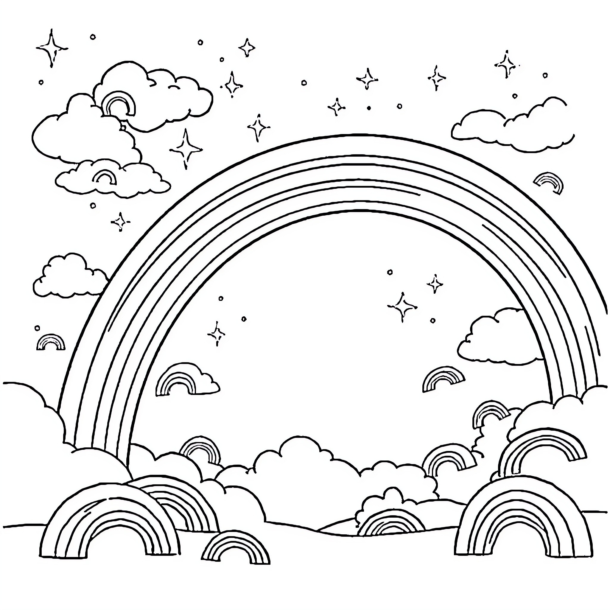 Rainbow Dreamscape with Whimsical Clouds and Stars Coloring Page (free black-and-white line drawing printable PDF for all, from beginners to advanced learners, including children, teens, adults, and seniors)