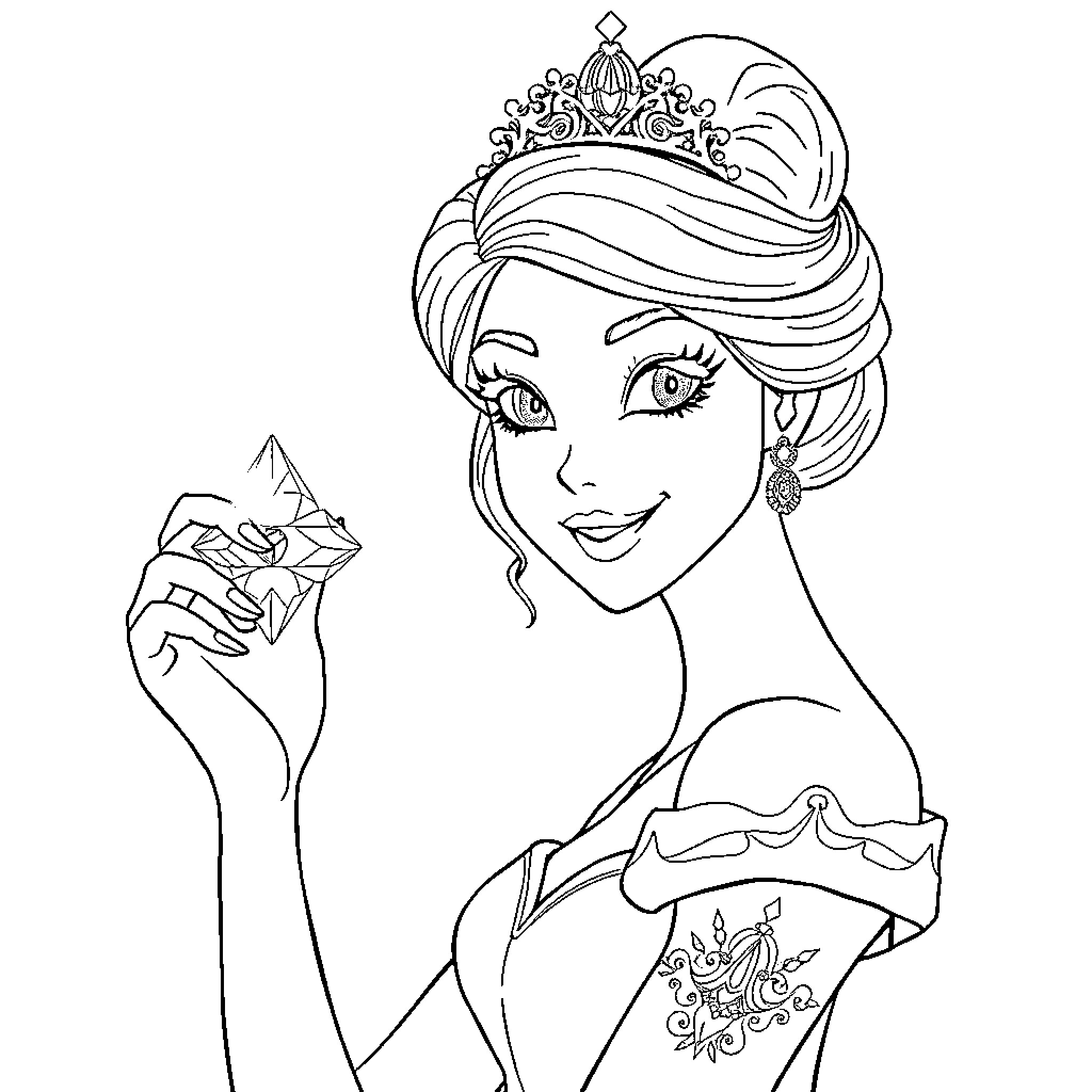 Princess in Elegant Attire with Regal Accessories Coloring Page (free black-and-white line drawing printable PDF for all, from beginners to advanced learners, including children, teens, adults, and seniors)