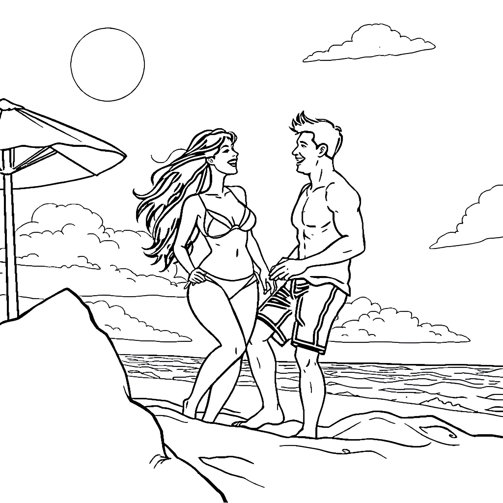Couple enjoying a day at the beach Coloring Page (free black-and-white line drawing printable PDF for all, from beginners to advanced learners, including children, teens, adults, and seniors)