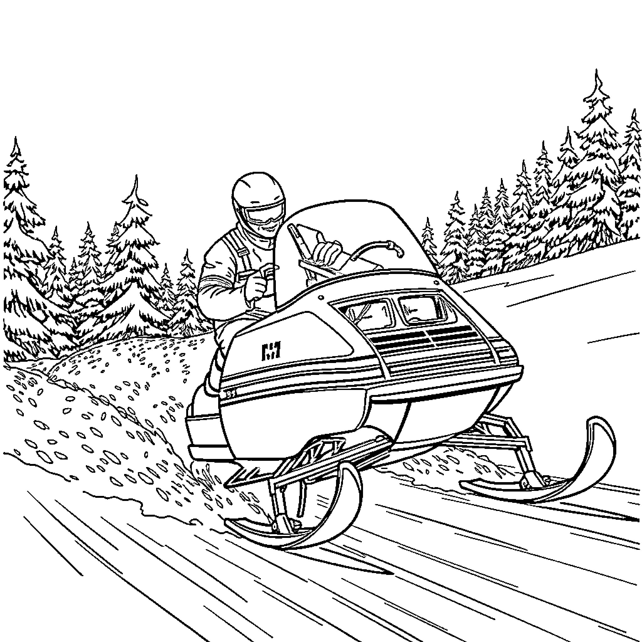 Moto Ski through snowy landscape on snowmobile Coloring Page (free black-and-white line drawing printable PDF for all, from beginners to advanced learners, including children, teens, adults, and seniors)