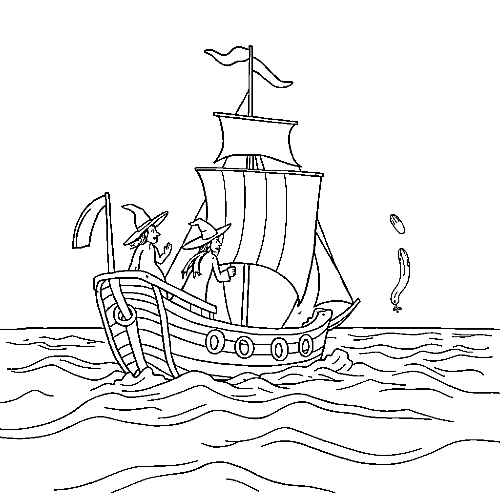 Pirate Ship Sailing with Crew and Flags Coloring Page (free black-and-white line drawing printable PDF for all, from beginners to advanced learners, including children, teens, adults, and seniors)