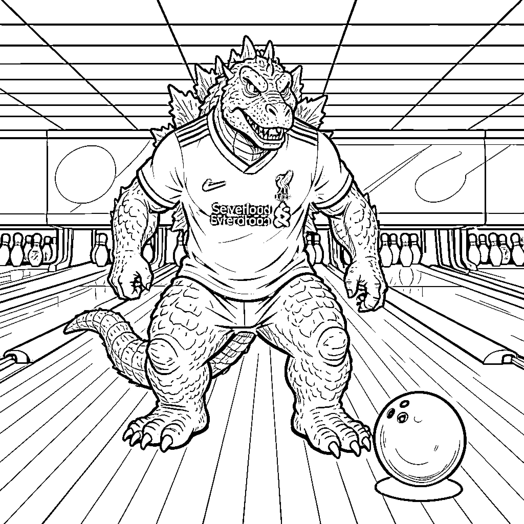 Godzilla playing in a bowling alley Coloring Page (free black-and-white line drawing printable PDF for all, from beginners to advanced learners, including children, teens, adults, and seniors)