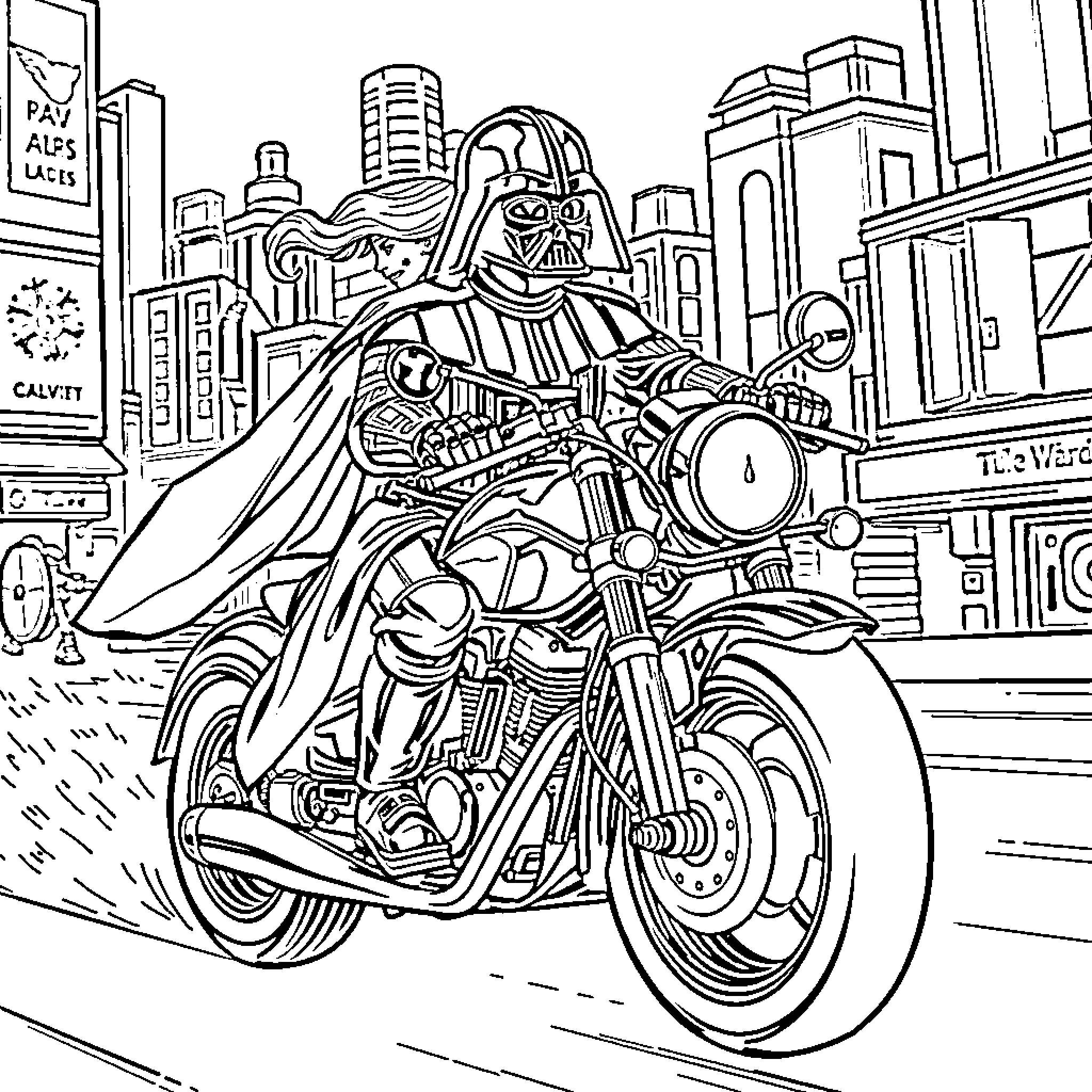 Darth Vader riding a futuristic motorcycle in the city Coloring Page (free black-and-white line drawing printable PDF for all, from beginners to advanced learners, including children, teens, adults, and seniors)