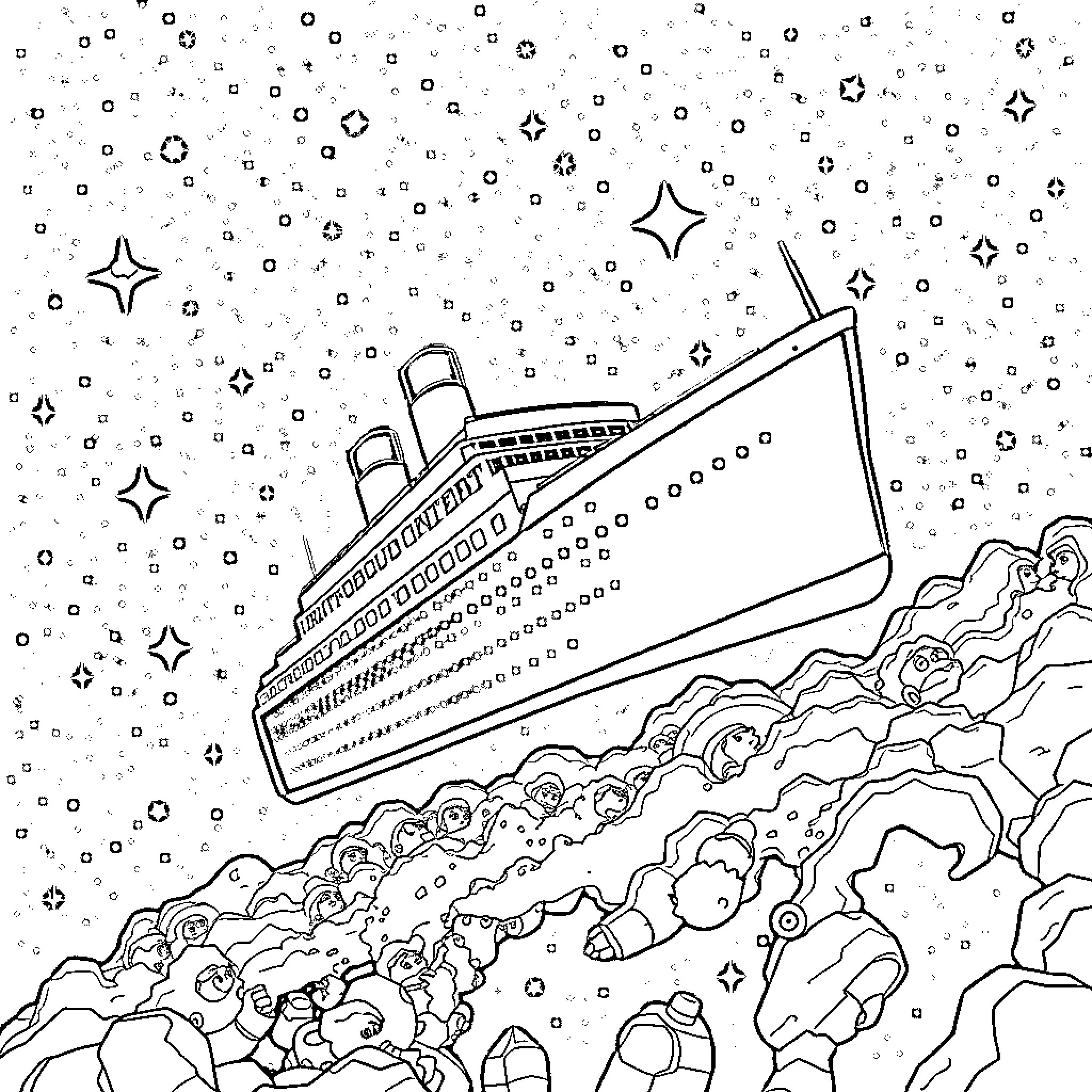 Titanic Ship Sinking in Starry Night Coloring Page (free black-and-white line drawing printable PDF for all, from beginners to advanced learners, including children, teens, adults, and seniors)