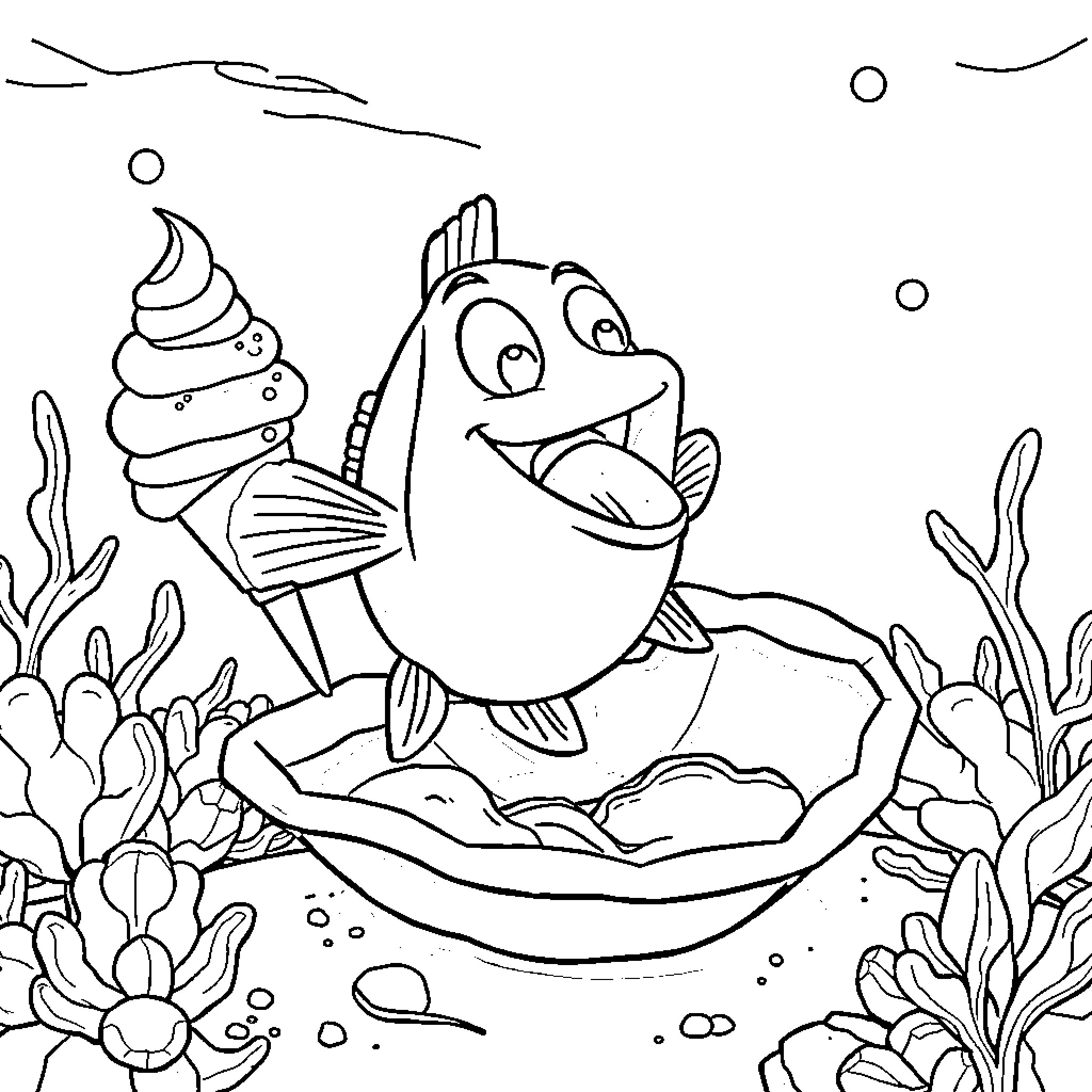 Fish swimming happily in the underwater world Coloring Page (free black-and-white line drawing printable PDF for all, from beginners to advanced learners, including children, teens, adults, and seniors)