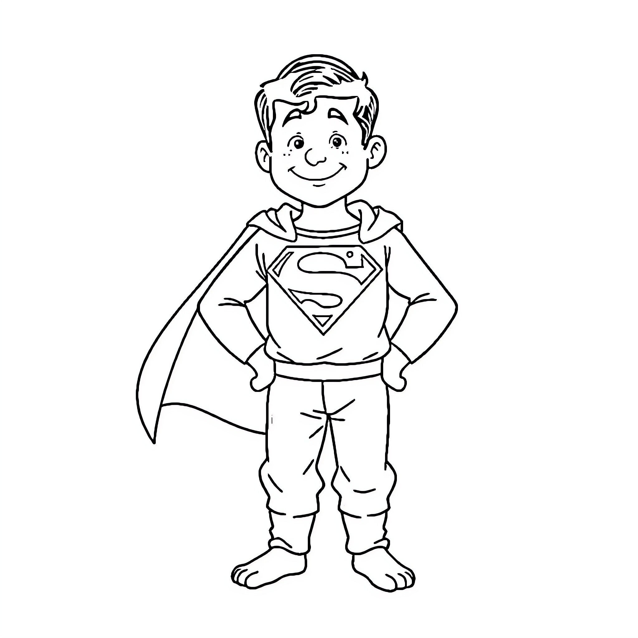 Superman in action pose with confident expression Coloring Page (free black-and-white line drawing printable PDF for all, from beginners to advanced learners, including children, teens, adults, and seniors)