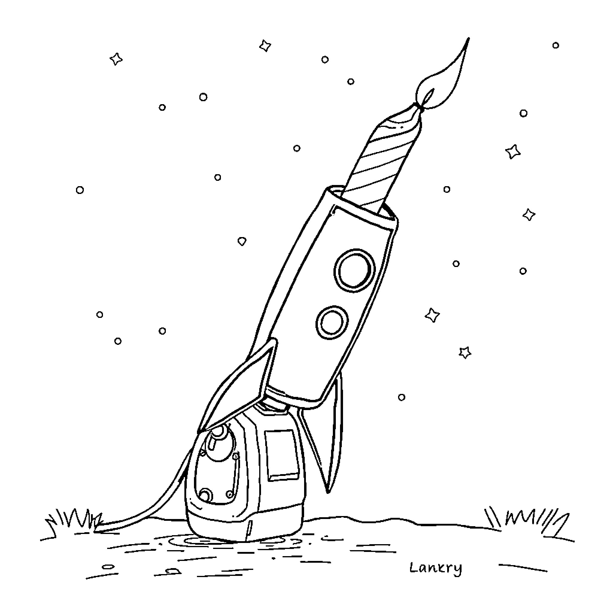 Rocket launching into space with excitement Coloring Page (free black-and-white line drawing printable PDF for all, from beginners to advanced learners, including children, teens, adults, and seniors)