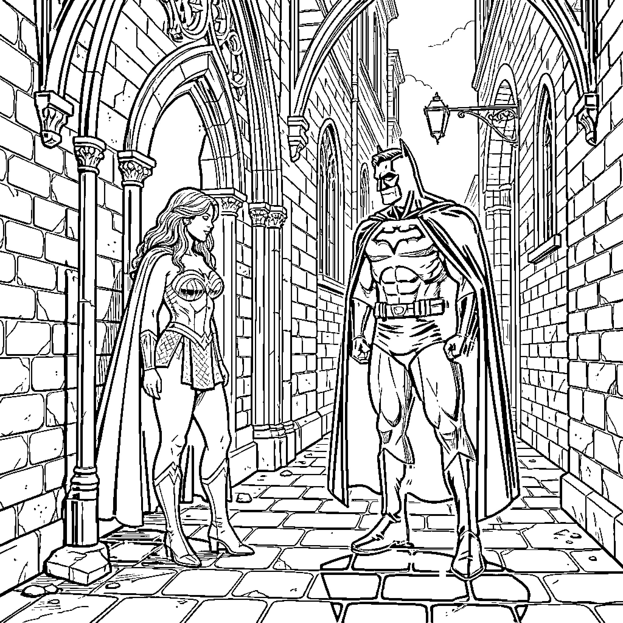 Mujer Maravilla and Batman in a Gothic Alleyway Coloring Page (free black-and-white line drawing printable PDF for all, from beginners to advanced learners, including children, teens, adults, and seniors)