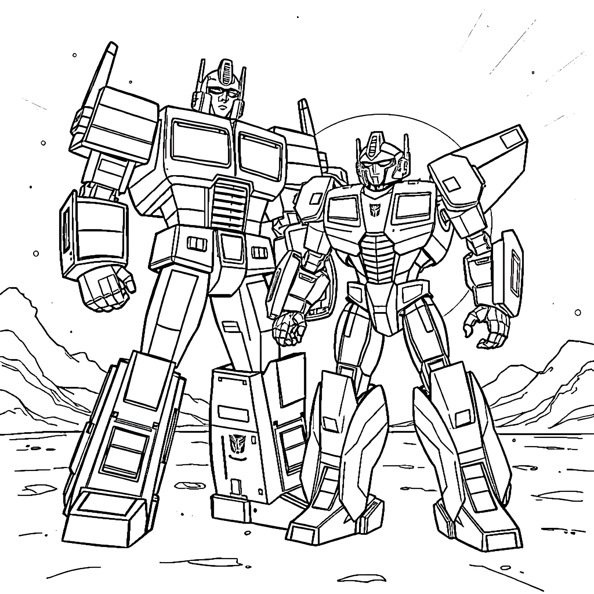 Optimus Prime leading the Autobots into battle Coloring Page (free black-and-white line drawing printable PDF for all, from beginners to advanced learners, including children, teens, adults, and seniors)