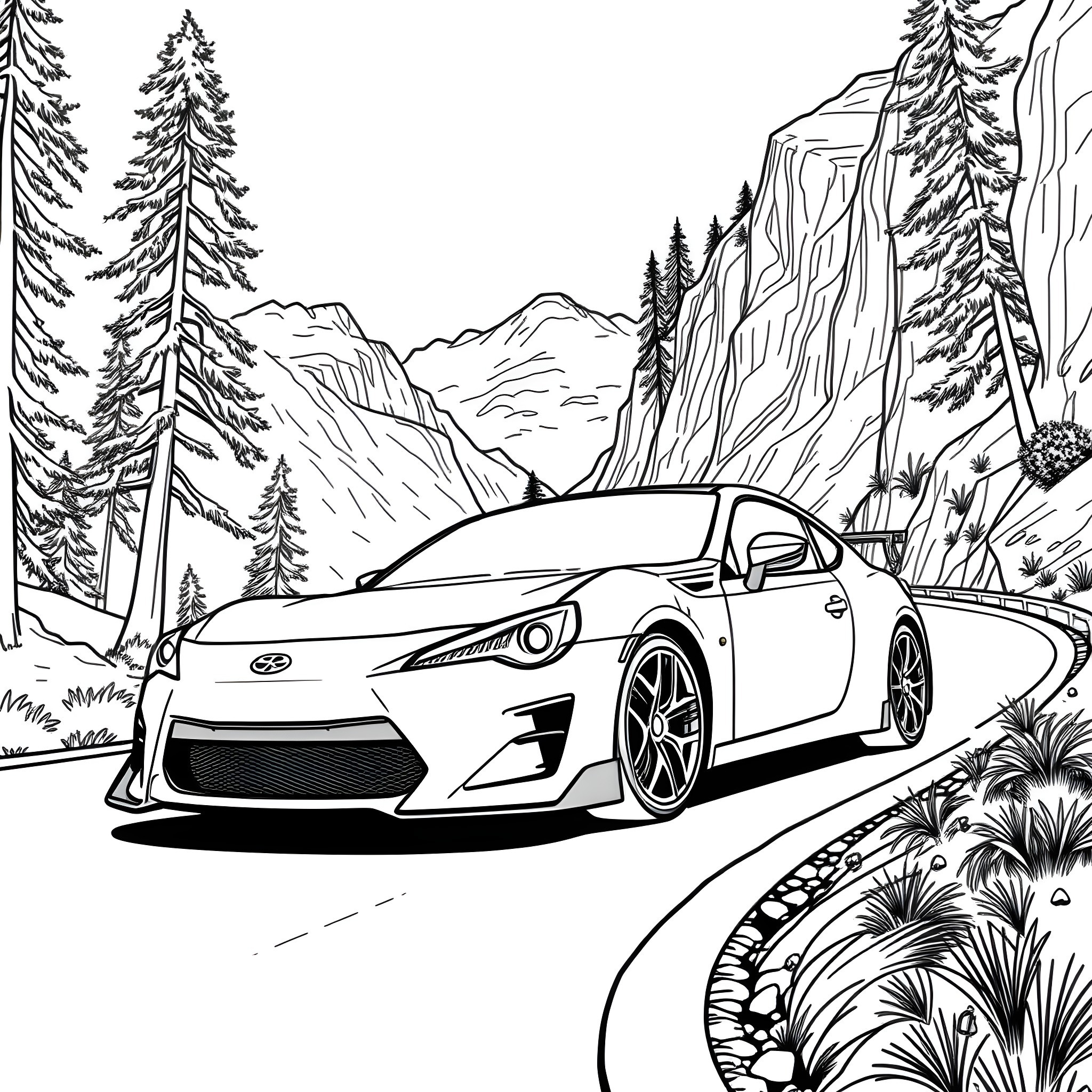 Scion FRS speeding through the winding mountain roads Coloring Page (free black-and-white line drawing printable PDF for all, from beginners to advanced learners, including children, teens, adults, and seniors)