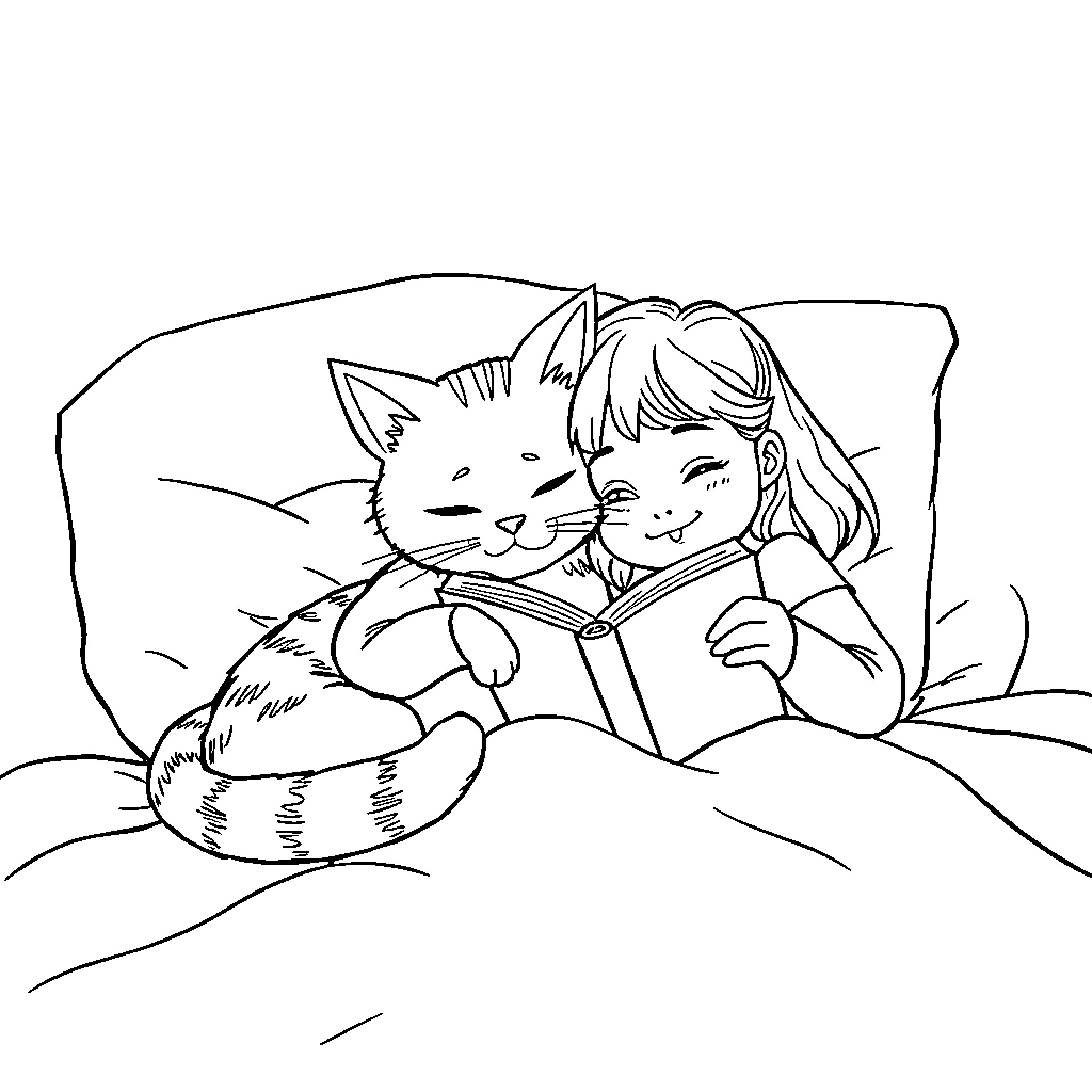 Cat and child reading a book together Coloring Page (free black-and-white line drawing printable PDF for all, from beginners to advanced learners, including children, teens, adults, and seniors)