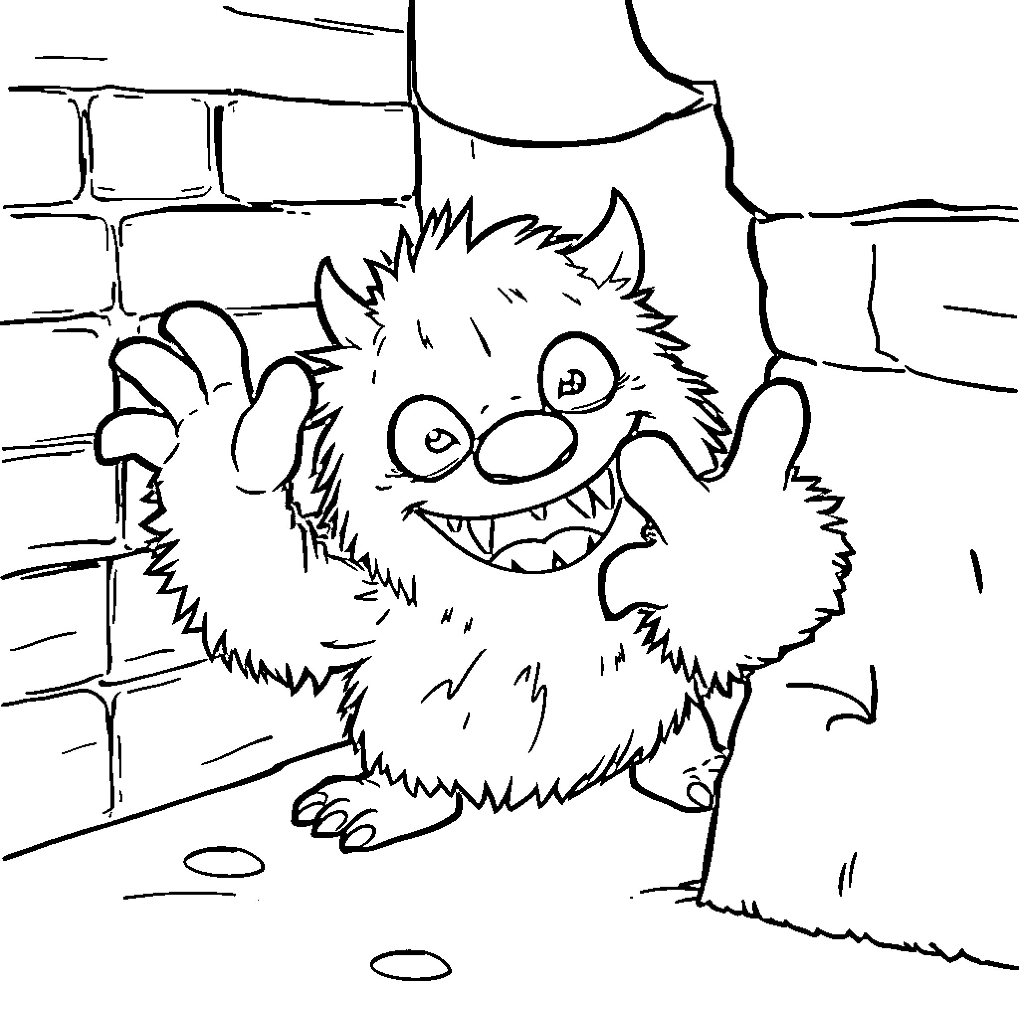 Monster joyfully exploring the alleyway Coloring Page (free black-and-white line drawing printable PDF for all, from beginners to advanced learners, including children, teens, adults, and seniors)