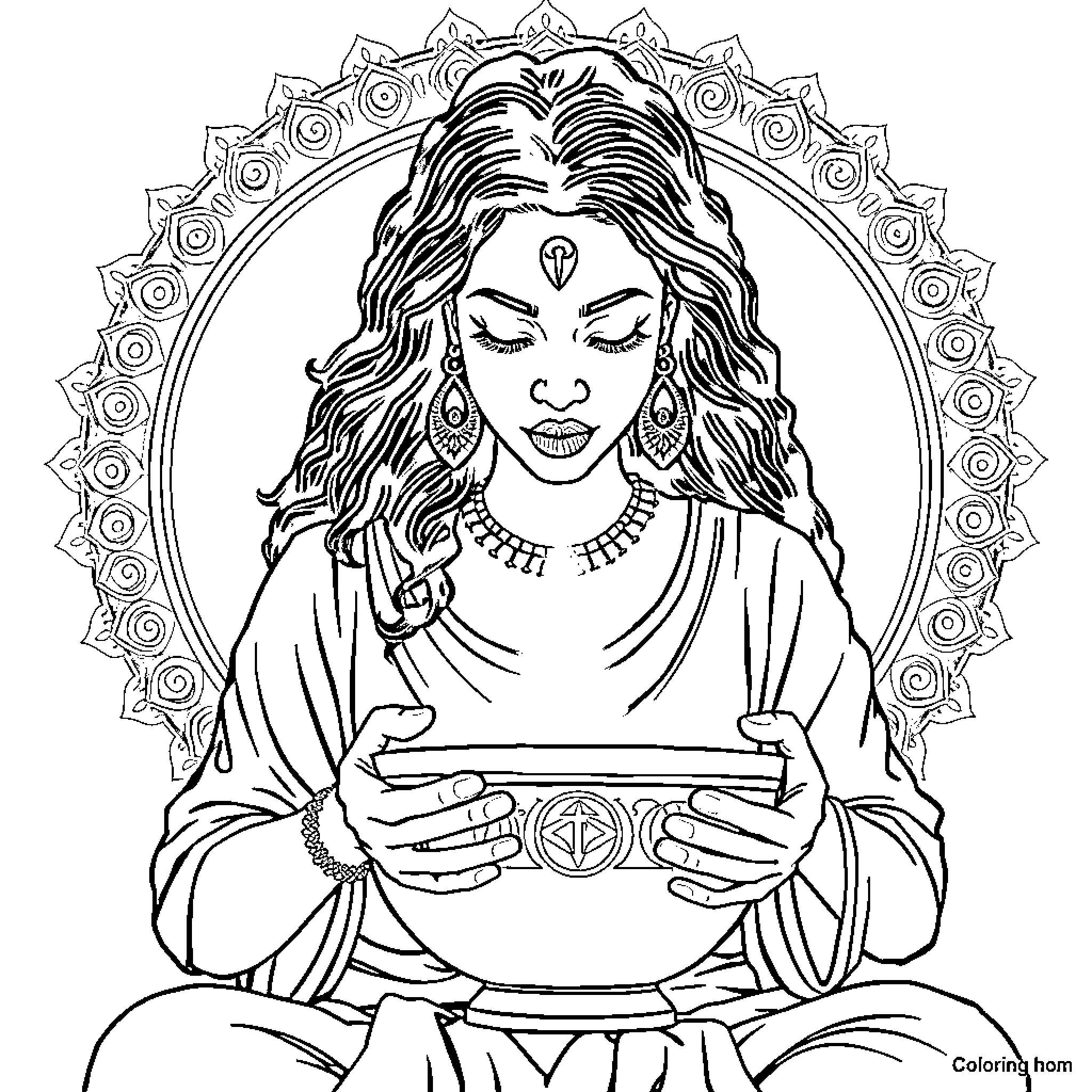 Woman meditating with ornate accessories Coloring Page (free black-and-white line drawing printable PDF for all, from beginners to advanced learners, including children, teens, adults, and seniors)