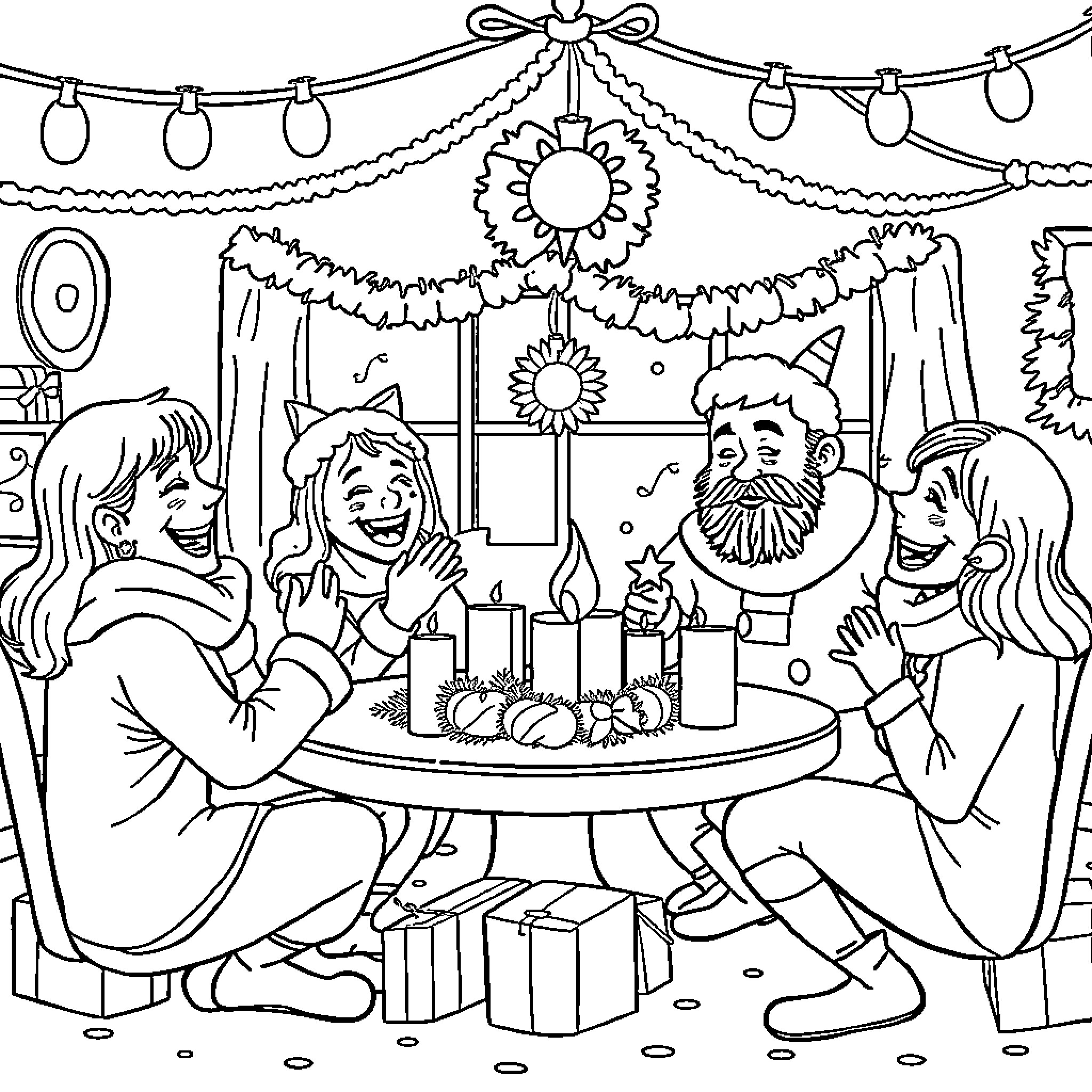 Christmas celebration with family and friends Coloring Page (free black-and-white line drawing printable PDF for all, from beginners to advanced learners, including children, teens, adults, and seniors)