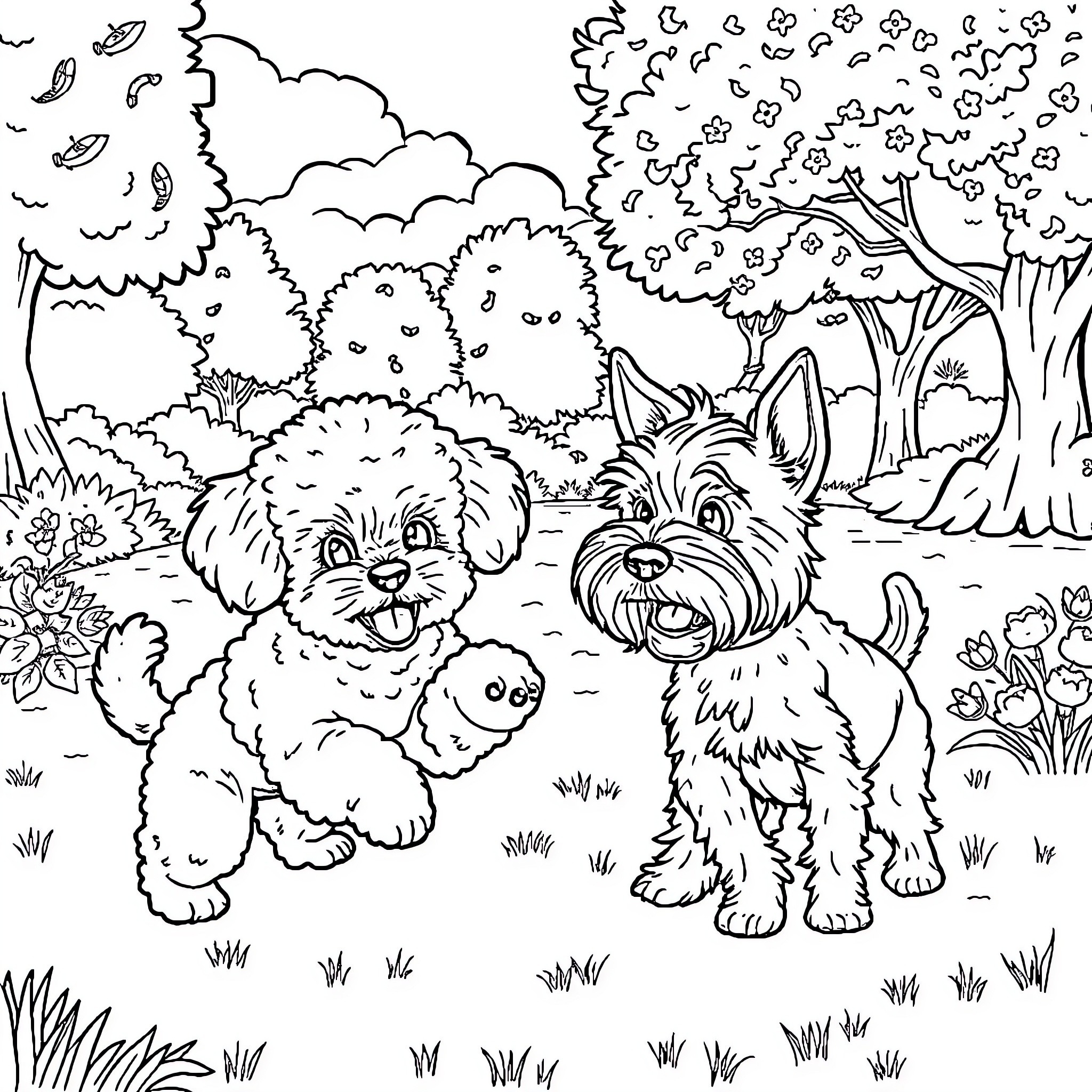 Poodle puppies playing in a lush garden Coloring Page (free black-and-white line drawing printable PDF for all, from beginners to advanced learners, including children, teens, adults, and seniors)