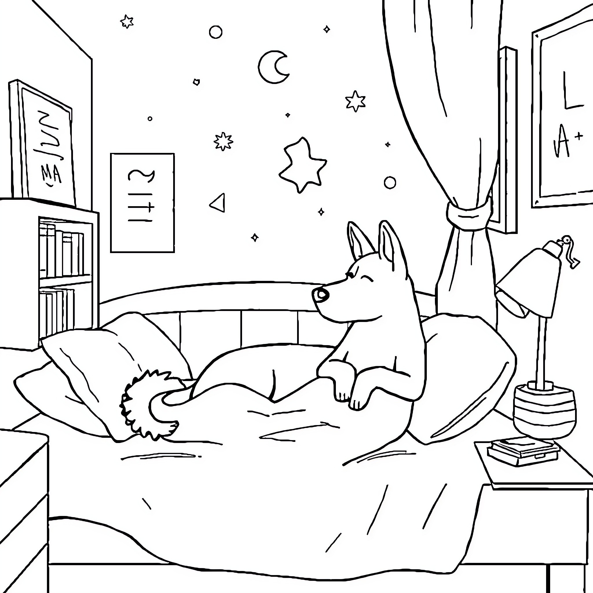 Talmo the relaxed canine in a cozy bedroom Coloring Page (free black-and-white line drawing printable PDF for all, from beginners to advanced learners, including children, teens, adults, and seniors)