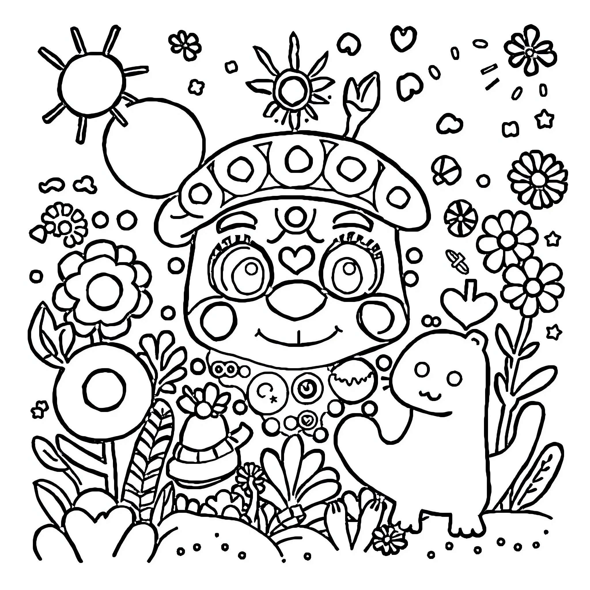 Kid's playful and whimsical doodle world Coloring Page (free black-and-white line drawing printable PDF for all, from beginners to advanced learners, including children, teens, adults, and seniors)
