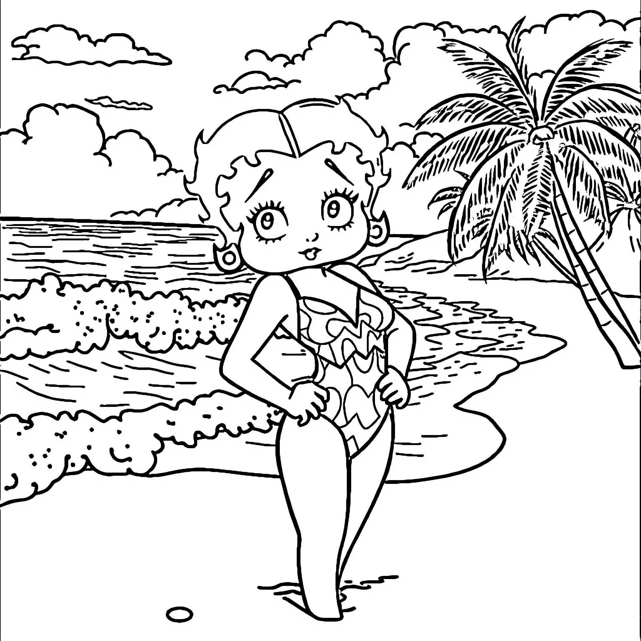 Betty Boop enjoying a tropical beach day Coloring Page (free black-and-white line drawing printable PDF for all, from beginners to advanced learners, including children, teens, adults, and seniors)