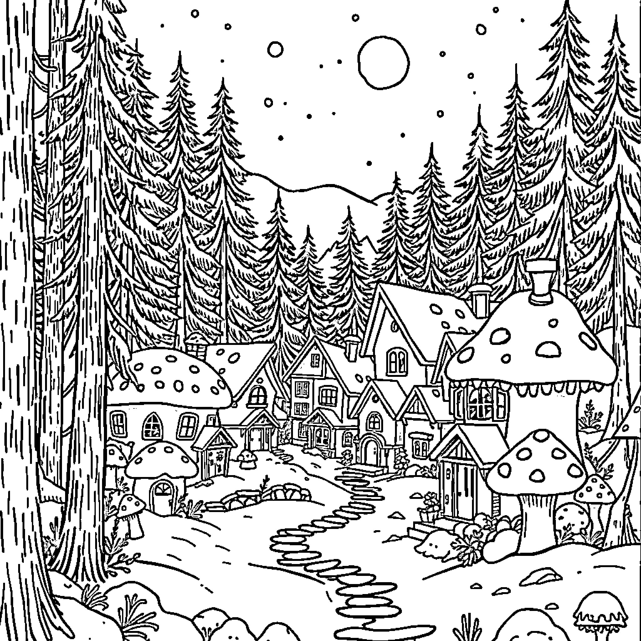 Mushroom fantasy woodland village landscape Coloring Page (free black-and-white line drawing printable PDF for all, from beginners to advanced learners, including children, teens, adults, and seniors)