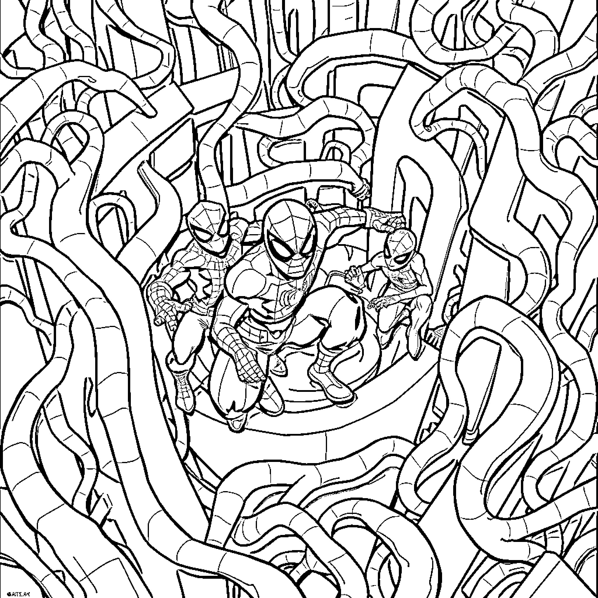 Spider-Man Battles Enemies in a Dimensional Portal Coloring Page (free black-and-white line drawing printable PDF for all, from beginners to advanced learners, including children, teens, adults, and seniors)